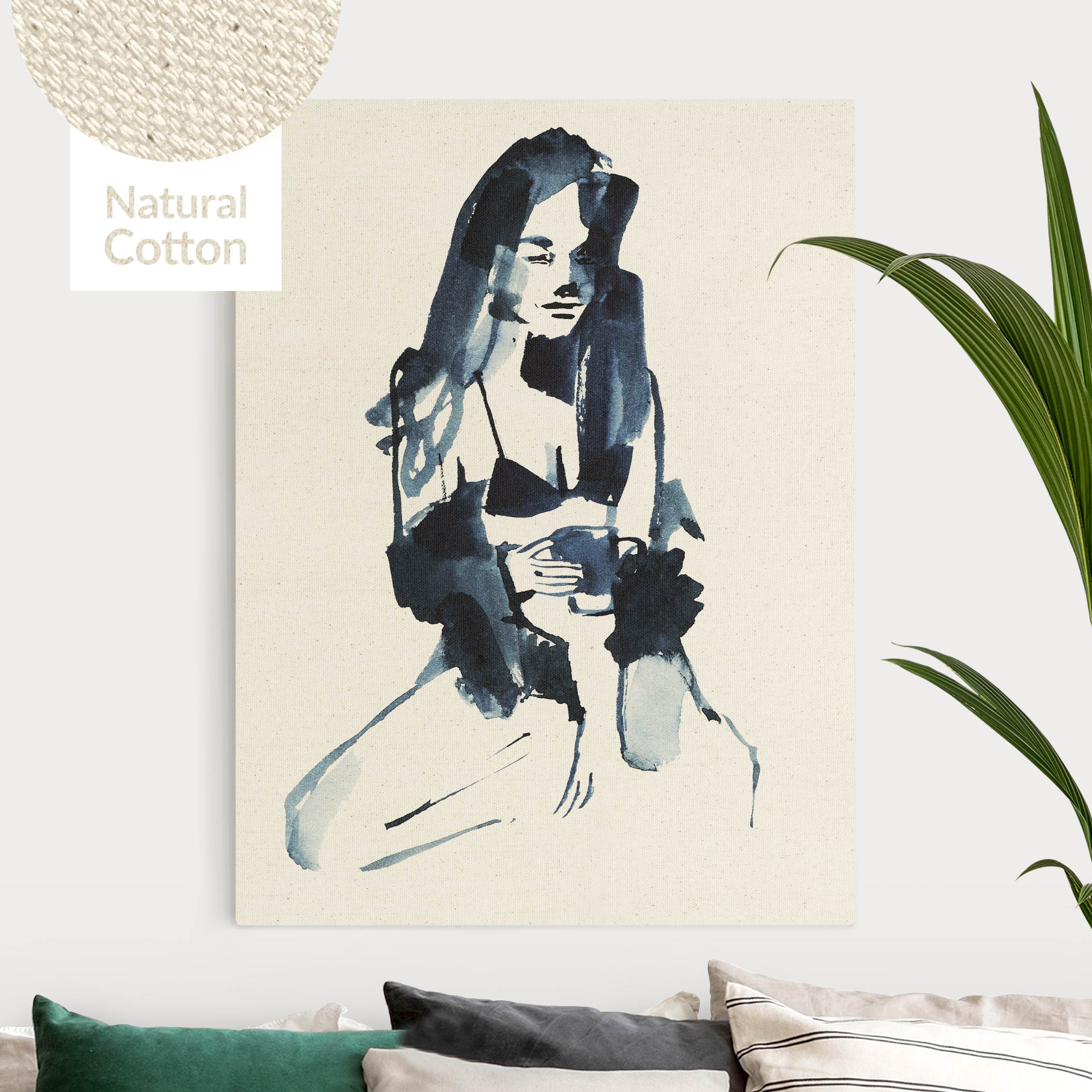 Leinwandbild auf Canvas Natural Frau in blauer Tusche mit Kaffee