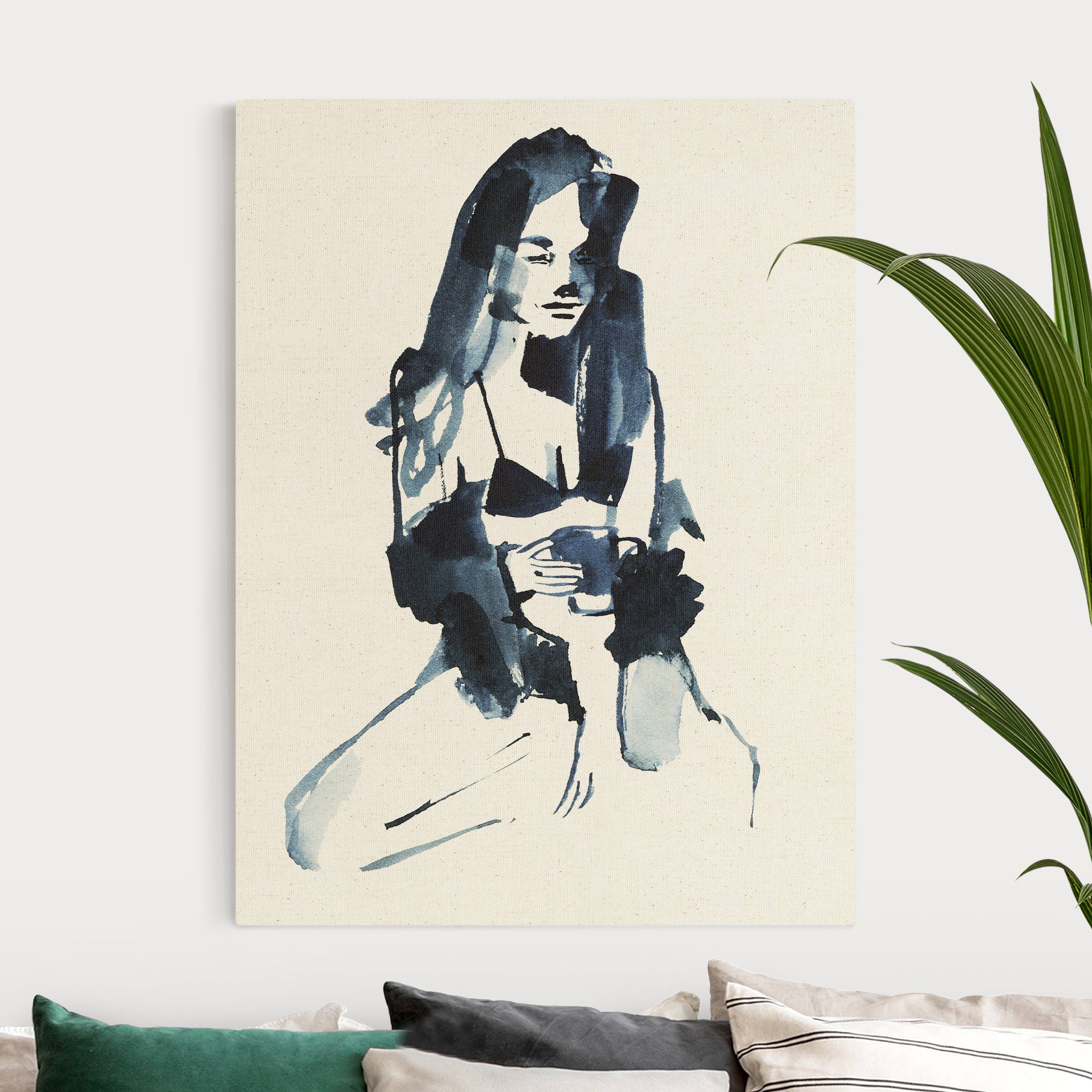 Leinwandbild auf Canvas Natural Frau in blauer Tusche mit Kaffee