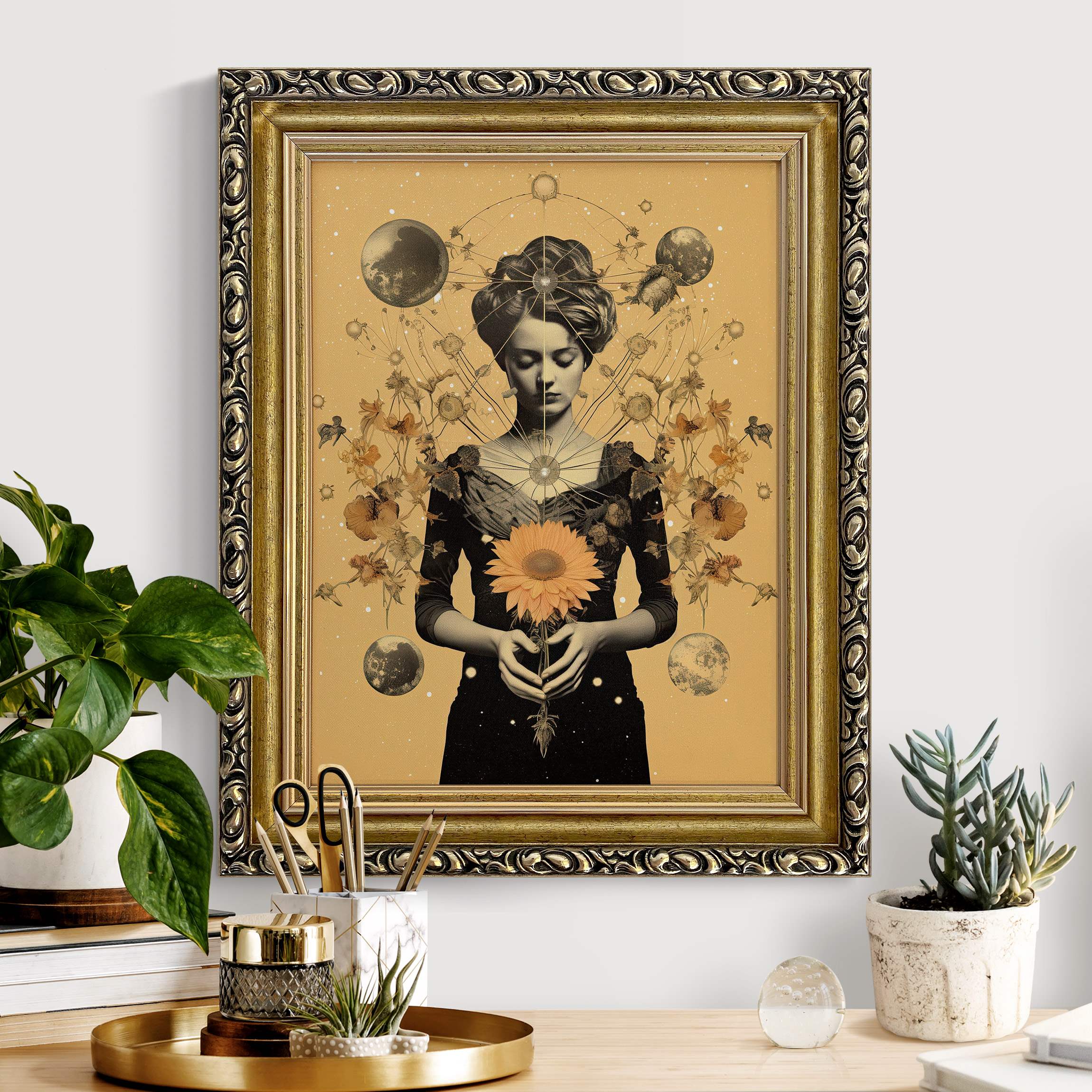 Leinwandbild mit Barockrahmen Frau mit Blume surreale Collage