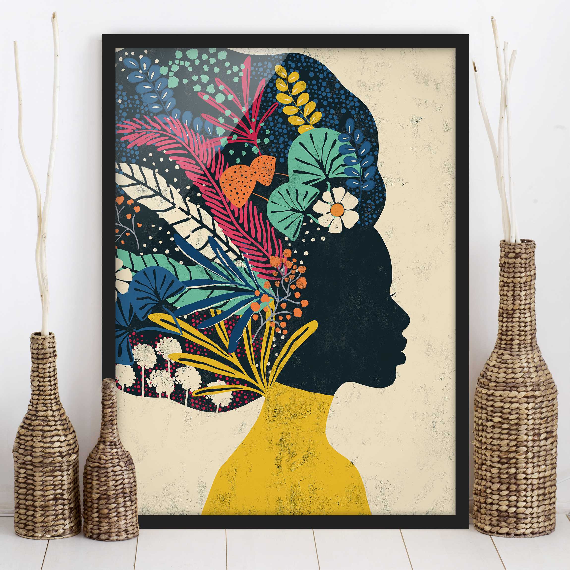 Bild mit Rahmen Frau mit Blumenafro