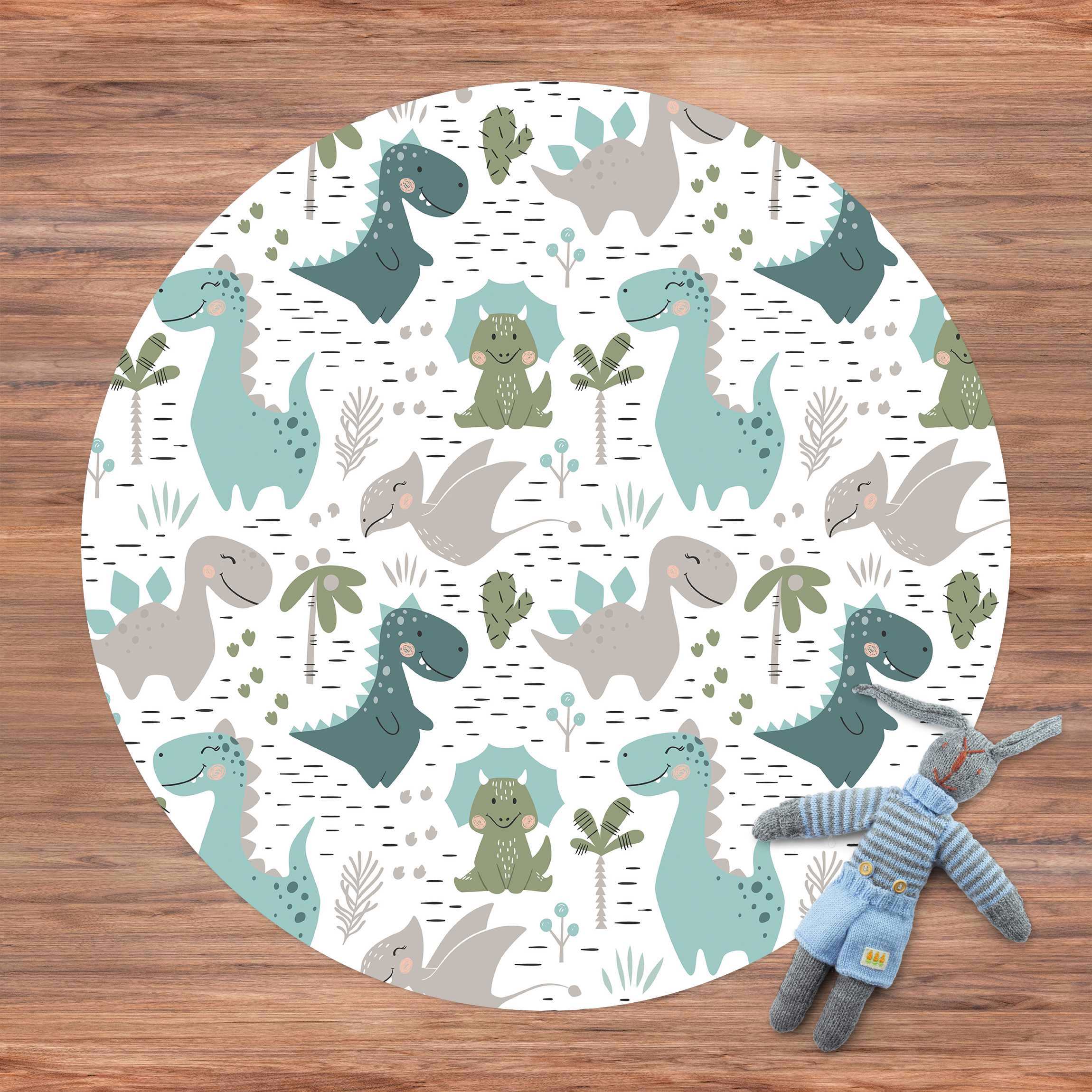 Runder Vinyl-Teppich Freundliche Dinosaurier mit Palmen und Kakteen