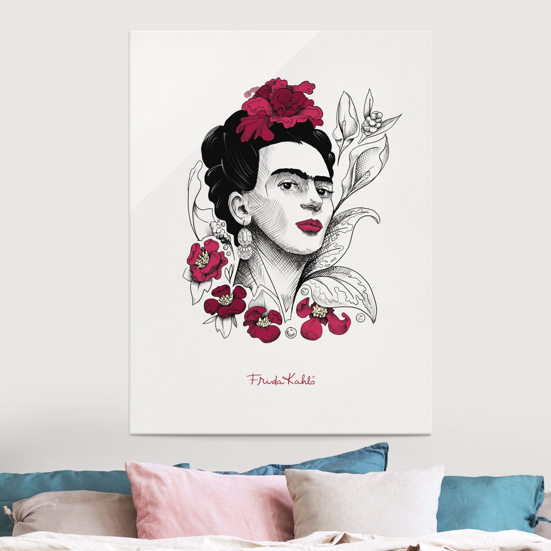 Glasbild Frida Kahlo Portrait mit Blüten