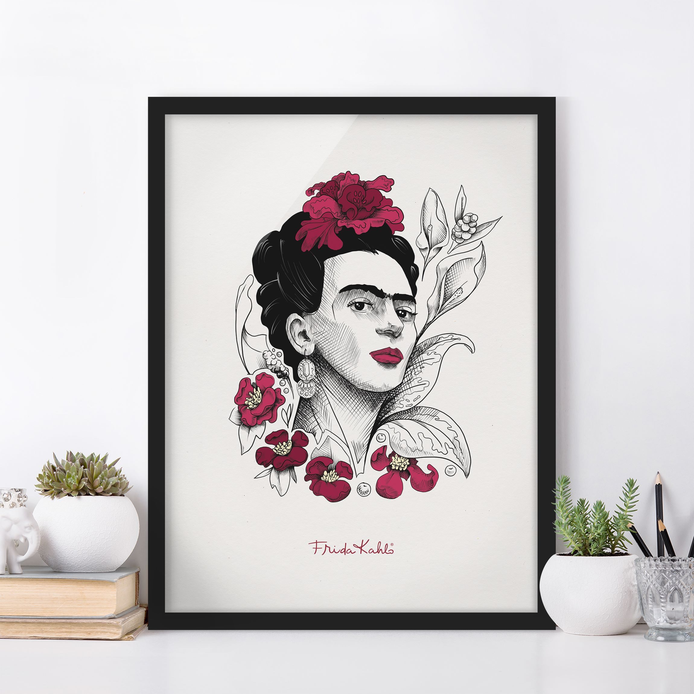 Bild mit Rahmen Frida Kahlo Portrait mit Blüten