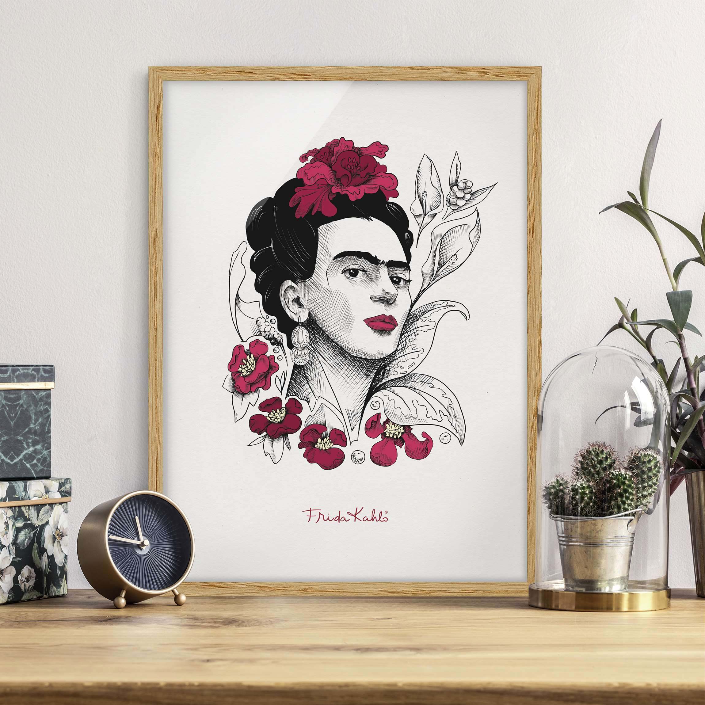 Bild mit Rahmen Frida Kahlo Portrait mit Blüten