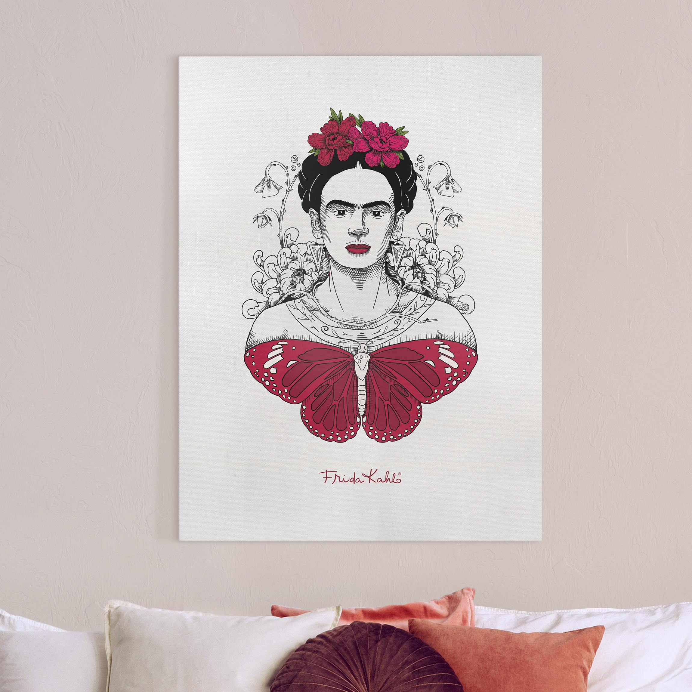 Leinwandbild Frida Kahlo Portrait mit Blüten und Schmetterling