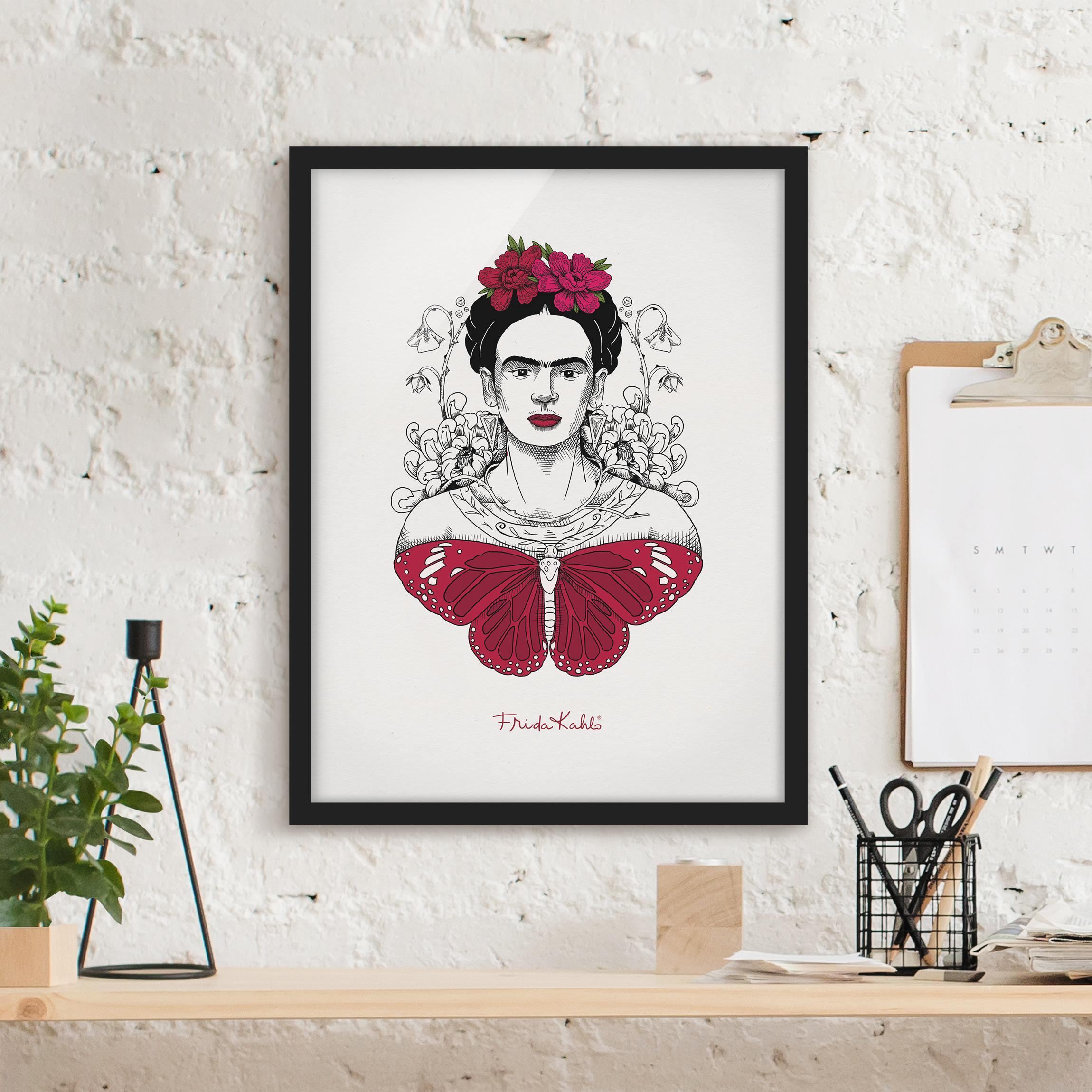 Bild mit Rahmen Frida Kahlo Portrait mit Blüten und Schmetterling