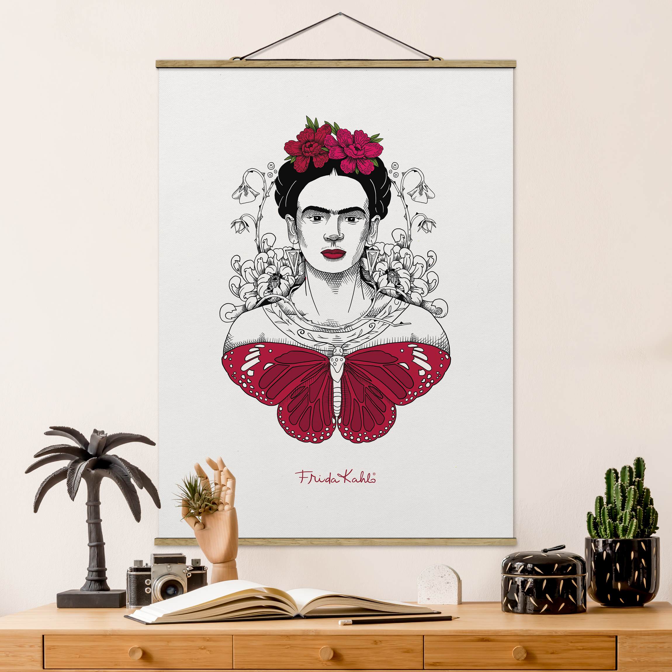 Stoffbild Frida Kahlo Portrait mit Blüten und Schmetterling