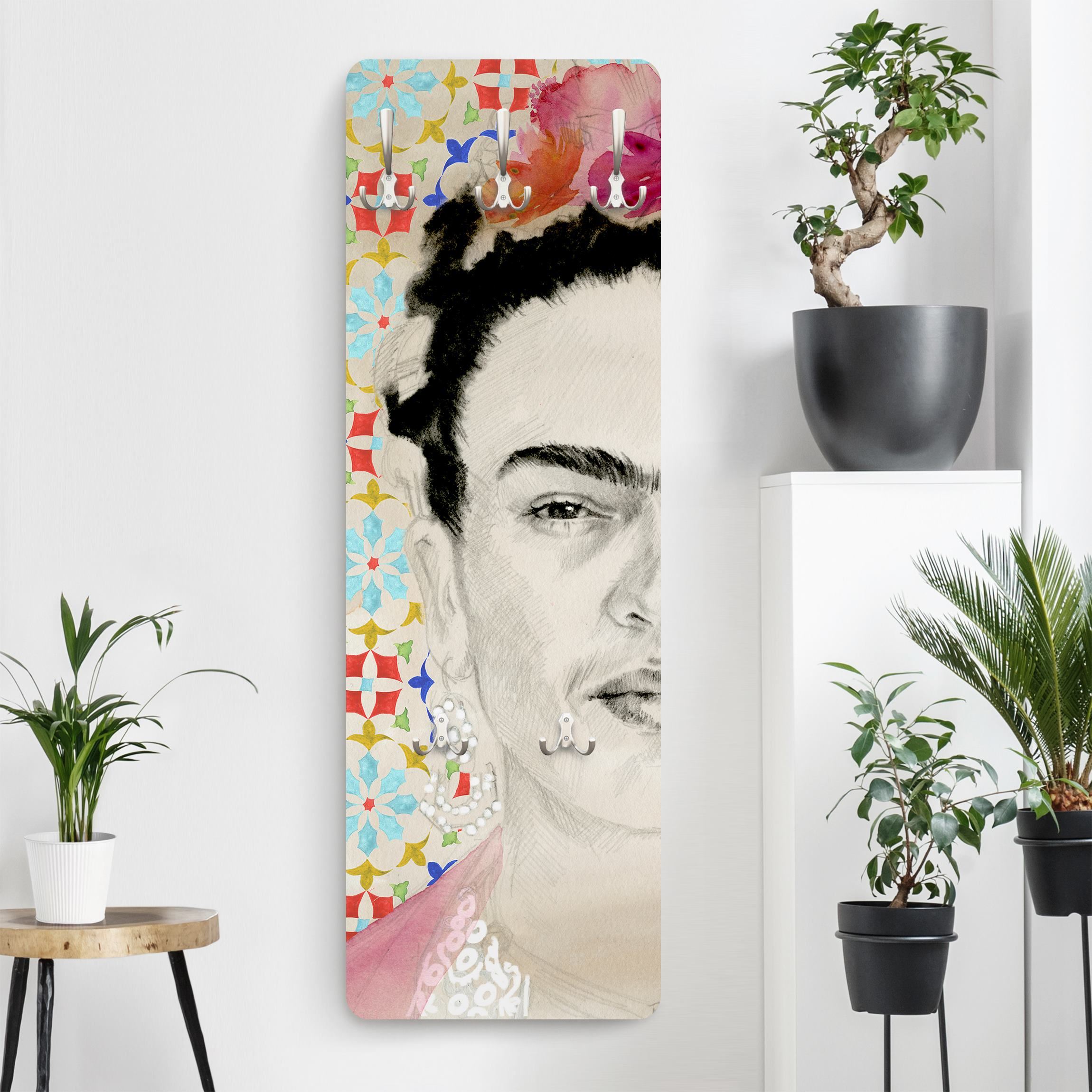 Wandgarderobe Holzpaneel Frida mit rosa Blüten II