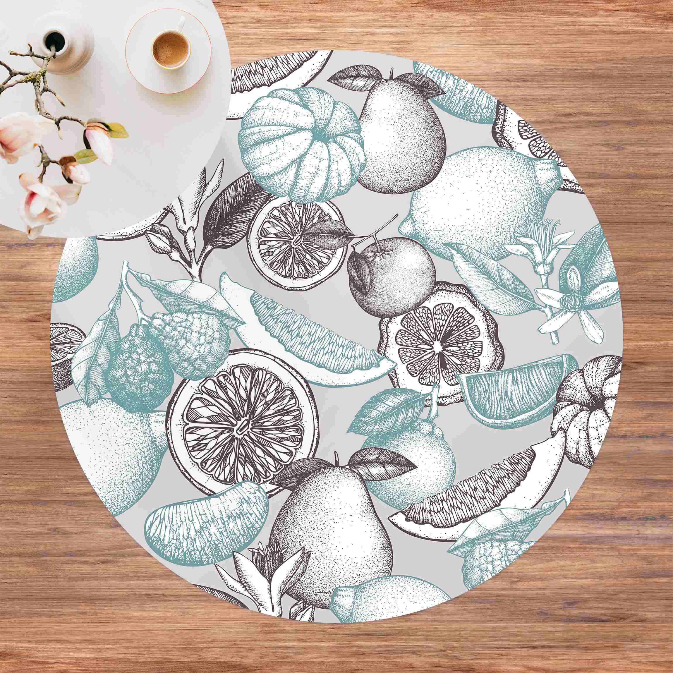 Runder Vinyl-Teppich Frische Bunte Vintage Zitrusfrüchte Blau Grau