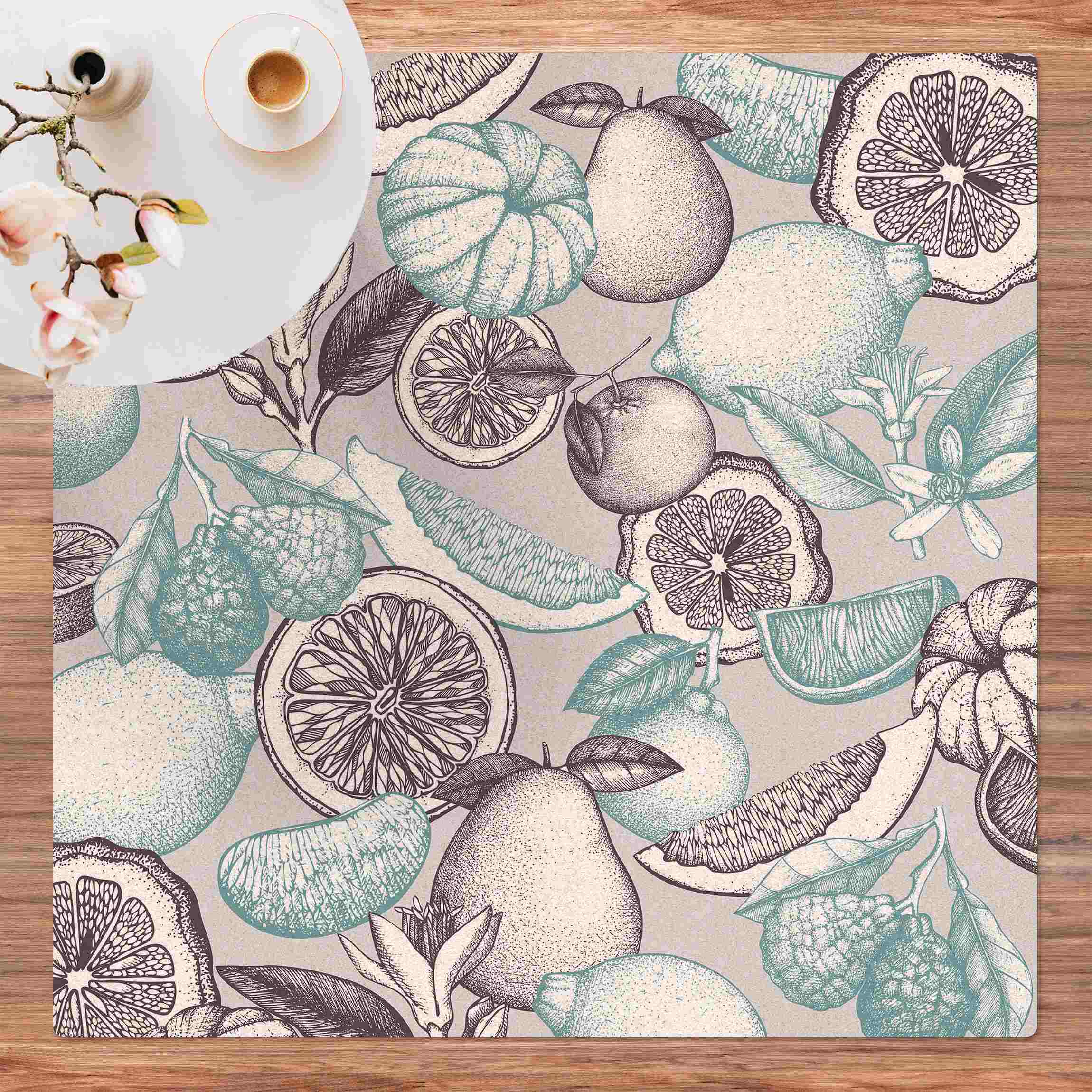 Kork-Teppich Frische Bunte Vintage Zitrusfrüchte Blau Grau