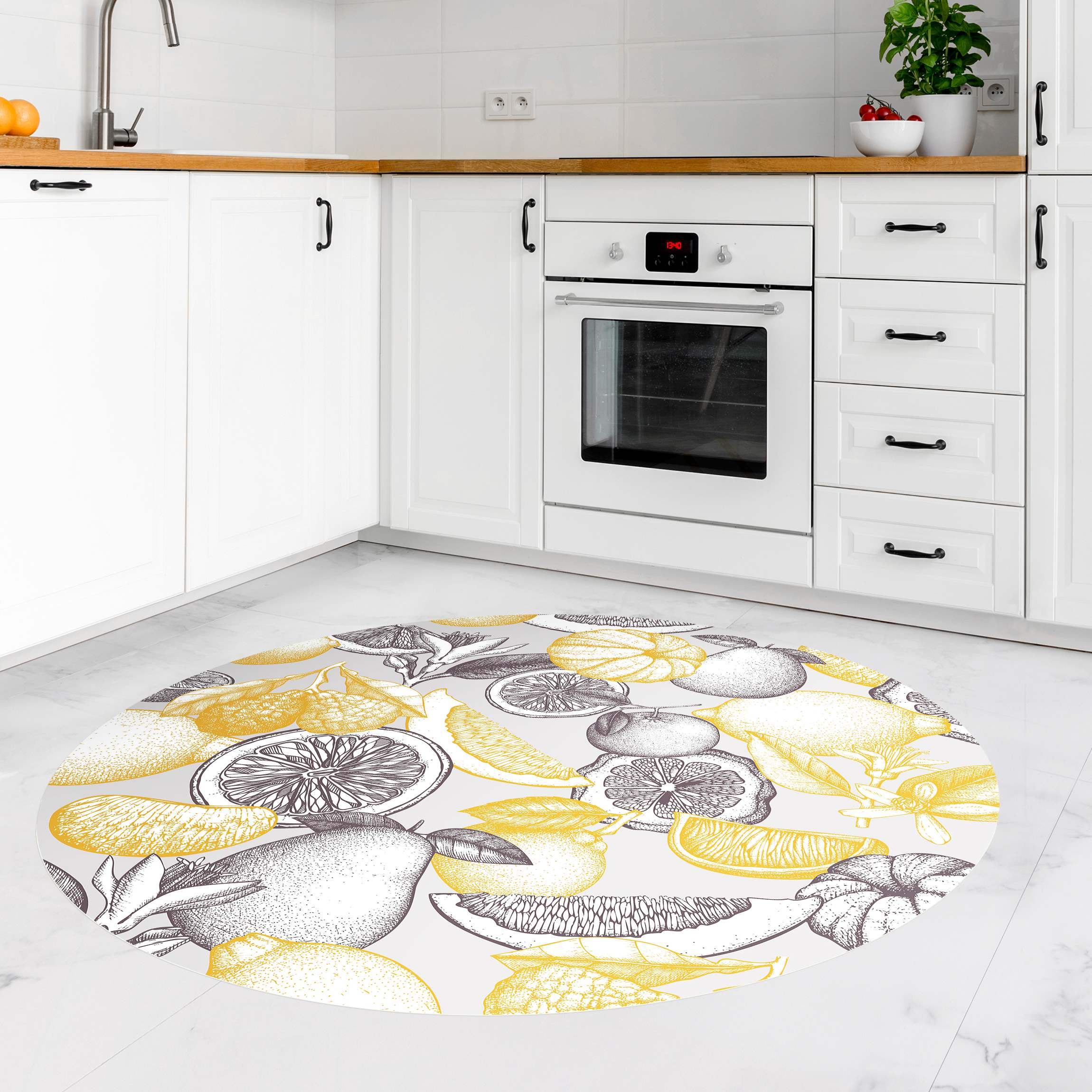 Runder Vinyl-Teppich Frische Bunte Vintage Zitrusfrüchte Gelb Grau