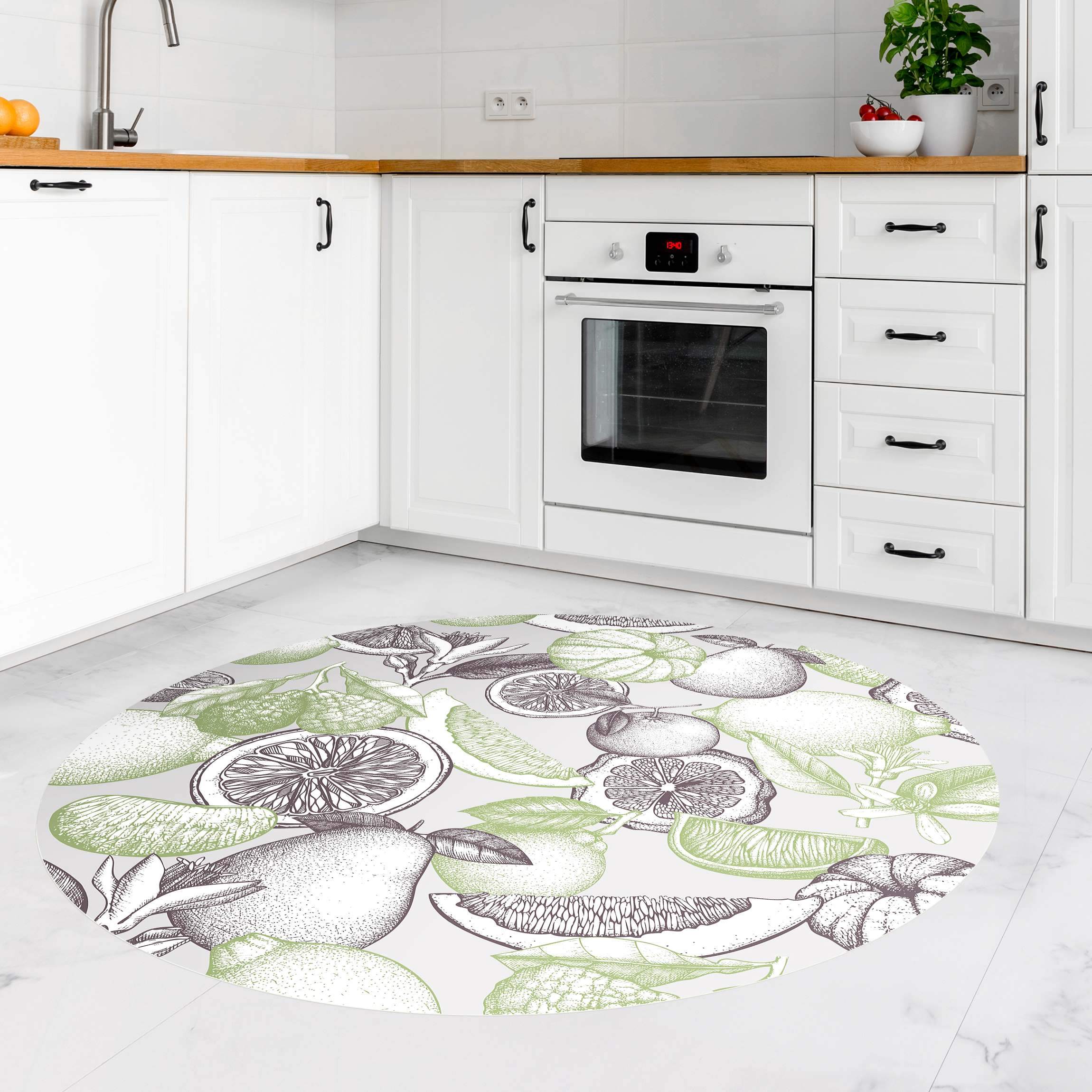 Runder Vinyl-Teppich Frische Bunte Vintage Zitrusfrüchte Grün Grau