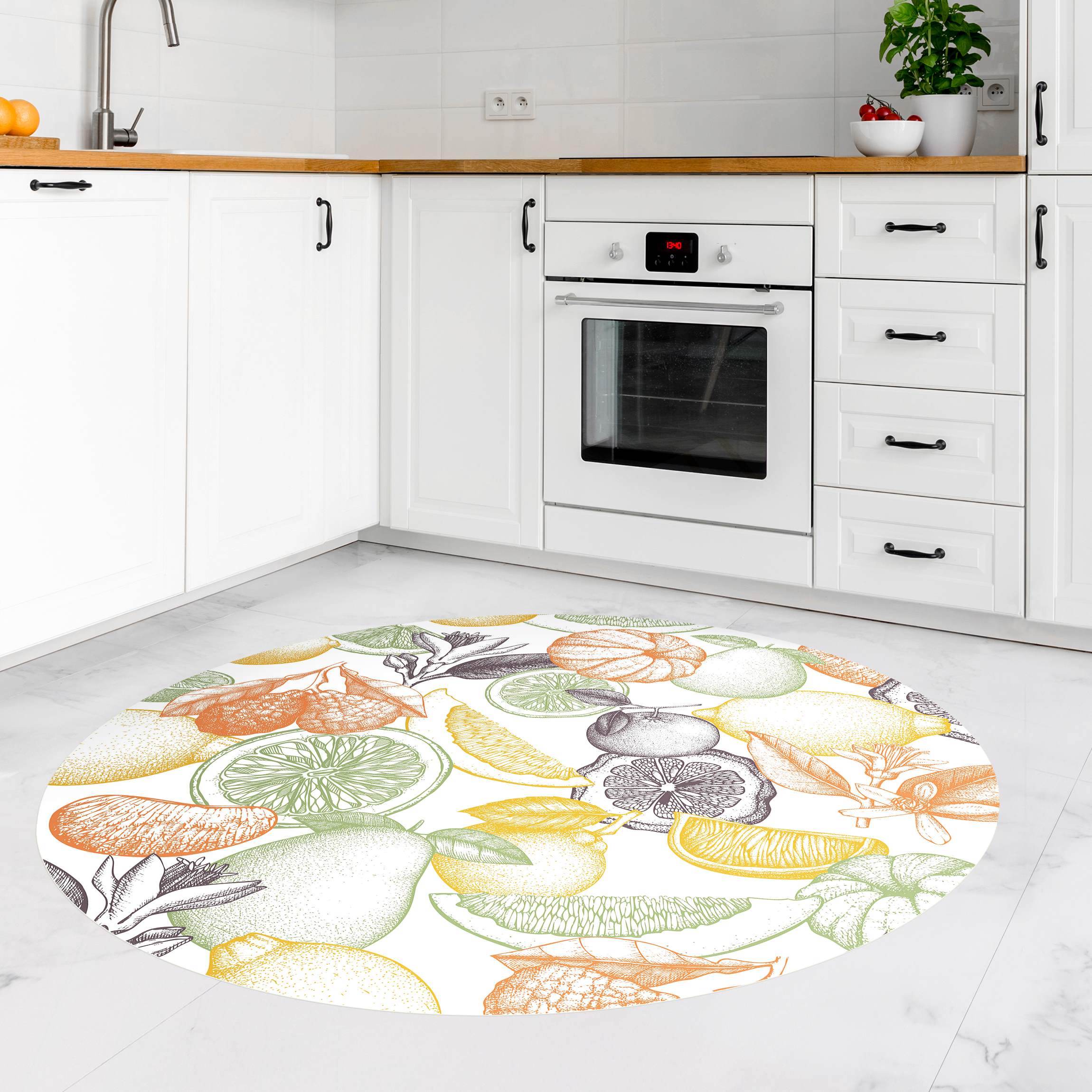 Runder Vinyl-Teppich Frische Bunte Vintage Zitrusfrüchte Weiß