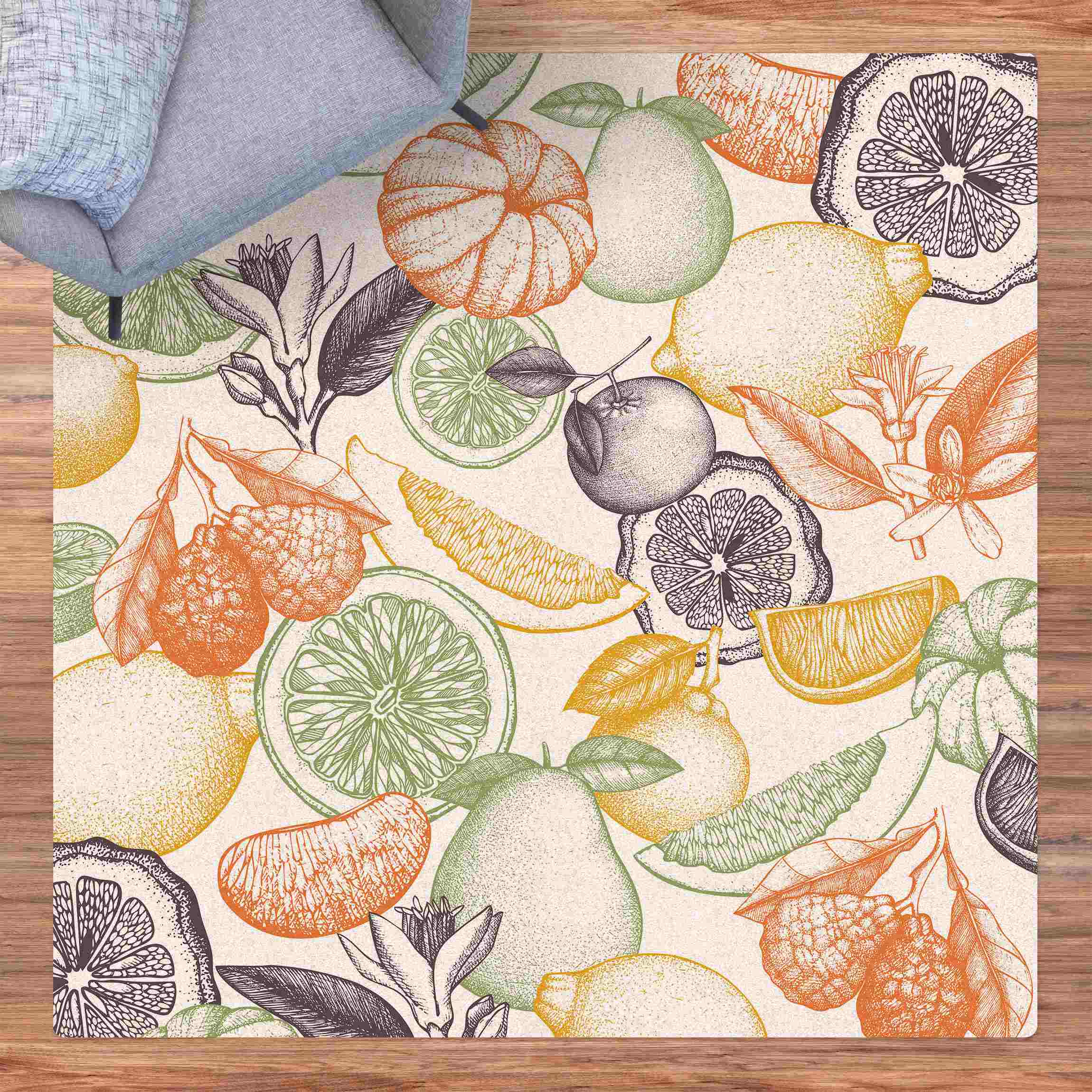 Kork-Teppich Frische Bunte Vintage Zitrusfrüchte Weiß