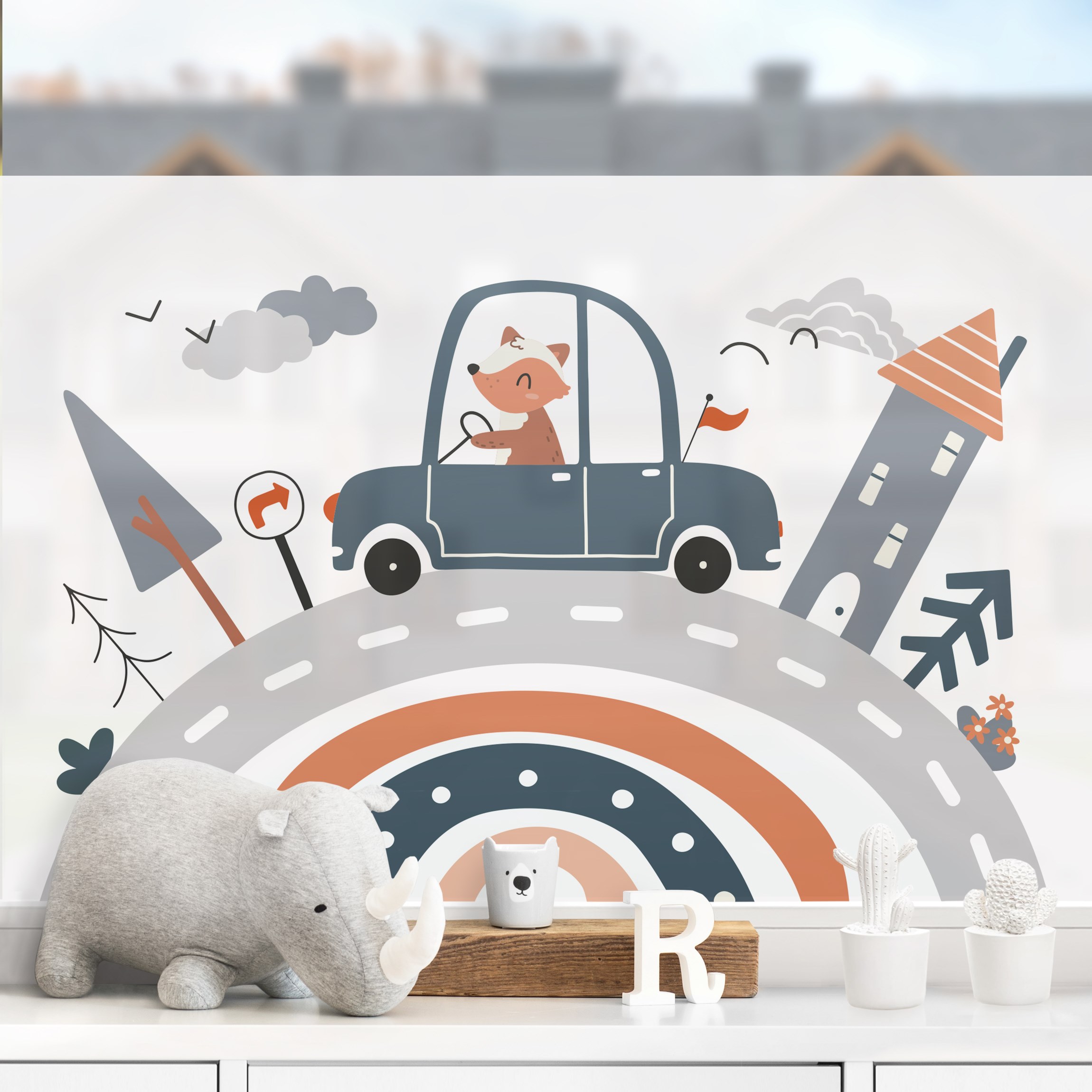 Fensterfolie Fröhlicher Fuchs am Steuer