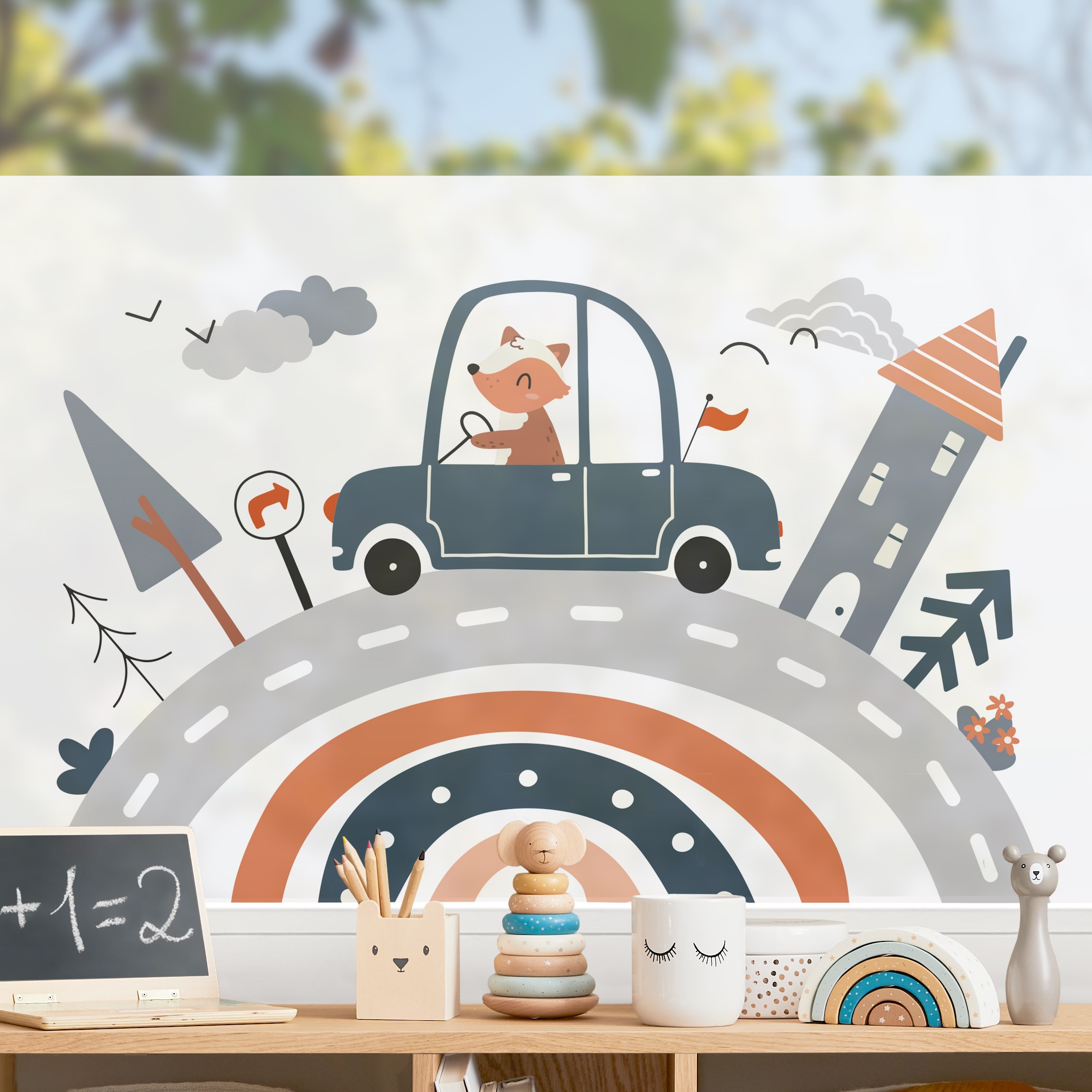 Fensterfolie Fröhlicher Fuchs am Steuer