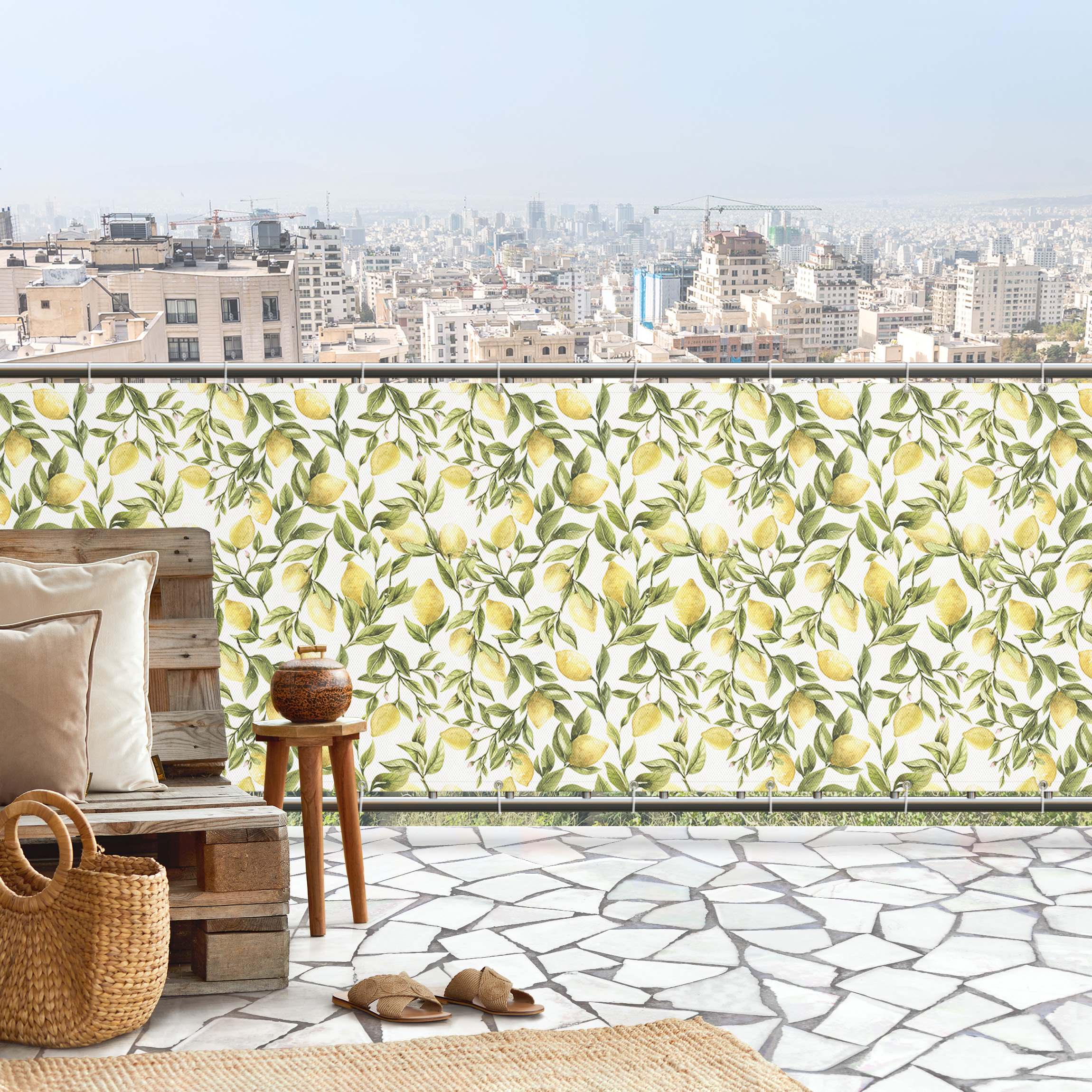 Balkon Sichtschutz Fruchtige Zitronen mit Blättern II