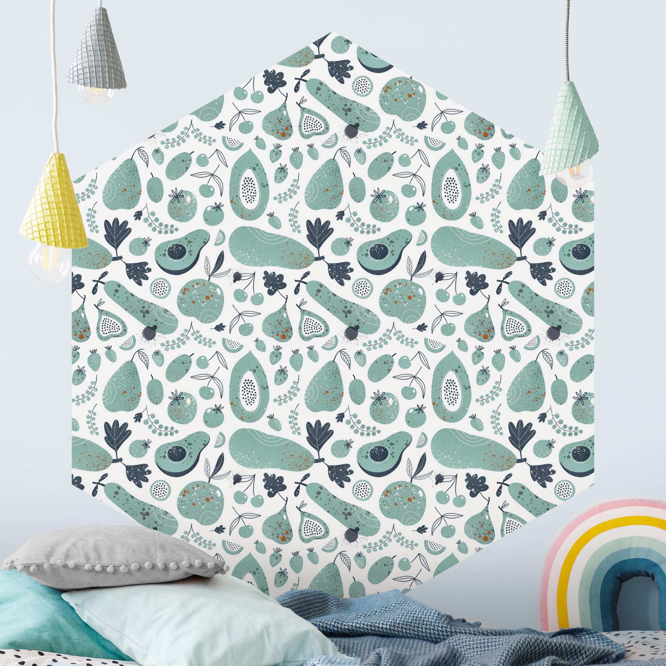Hexagon Tapete selbstklebend Früchte und Gemüse