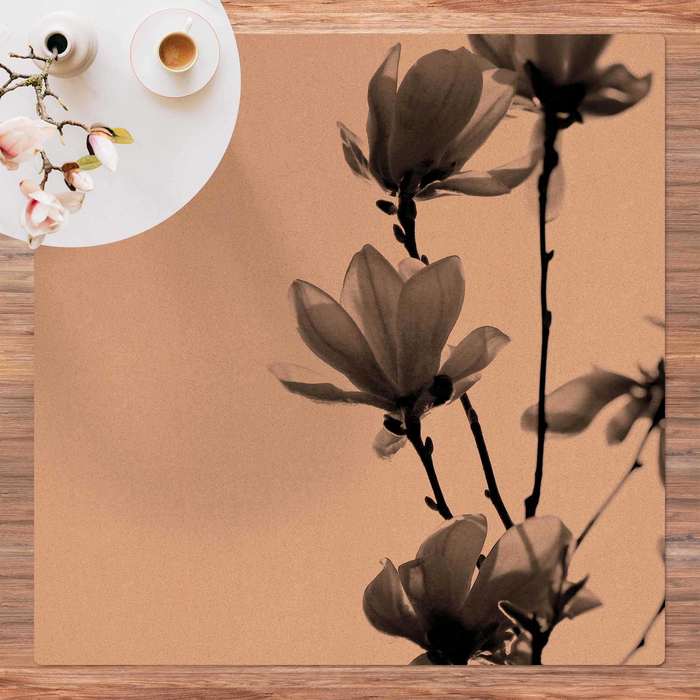 Kork-Teppich Frühlingsbote Magnolie Schwarz Weiß