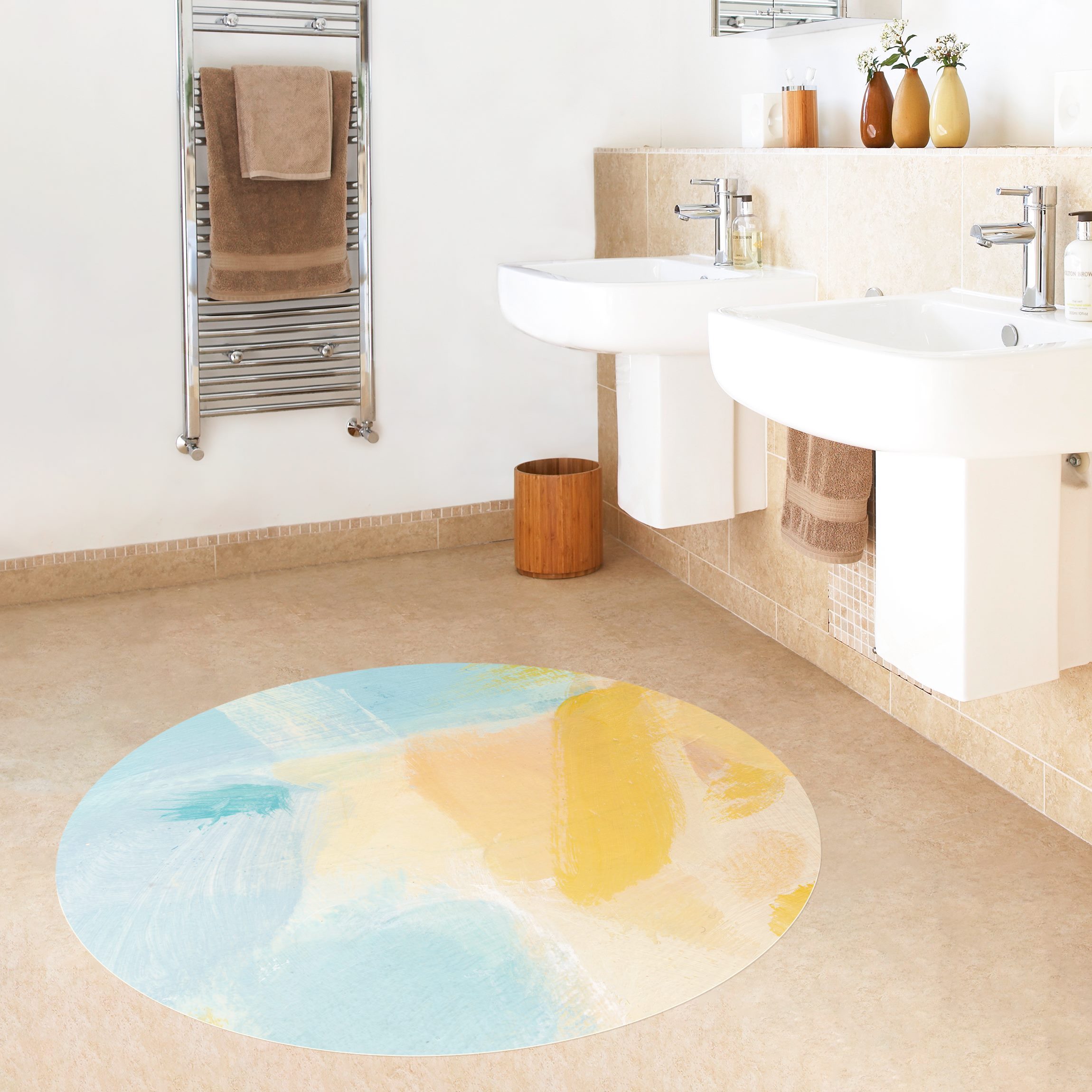 Runder Vinyl-Teppich Frühlingskomposition in Gelb und Blau