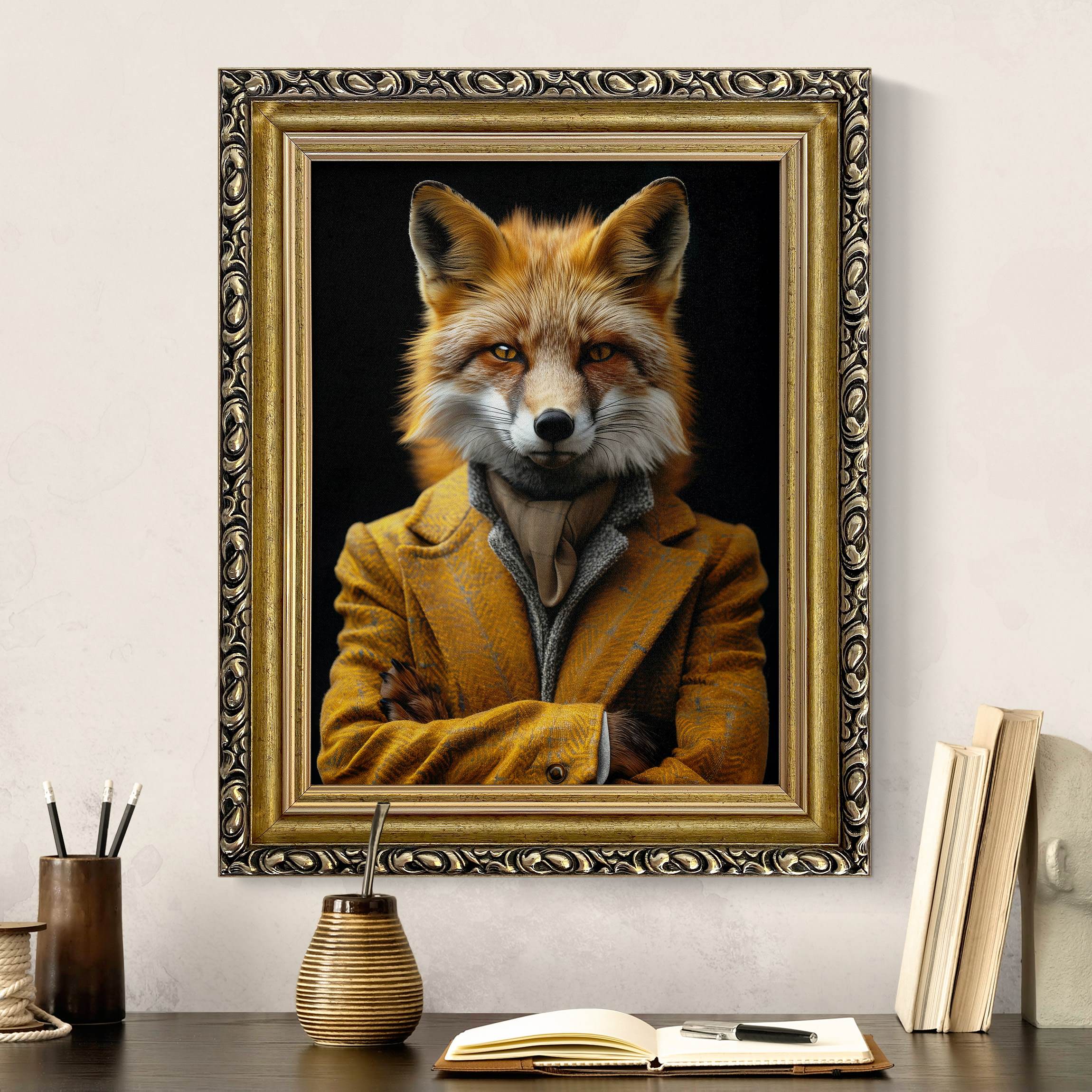 Leinwandbild mit Barockrahmen Fuchs im Anzug