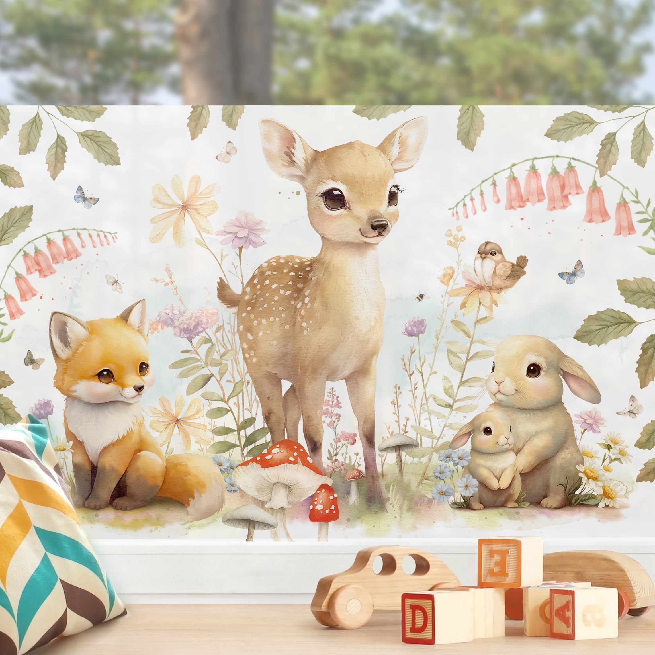 Fensterfolie Fuchs Rehkitz und Hase auf Blumenwiese