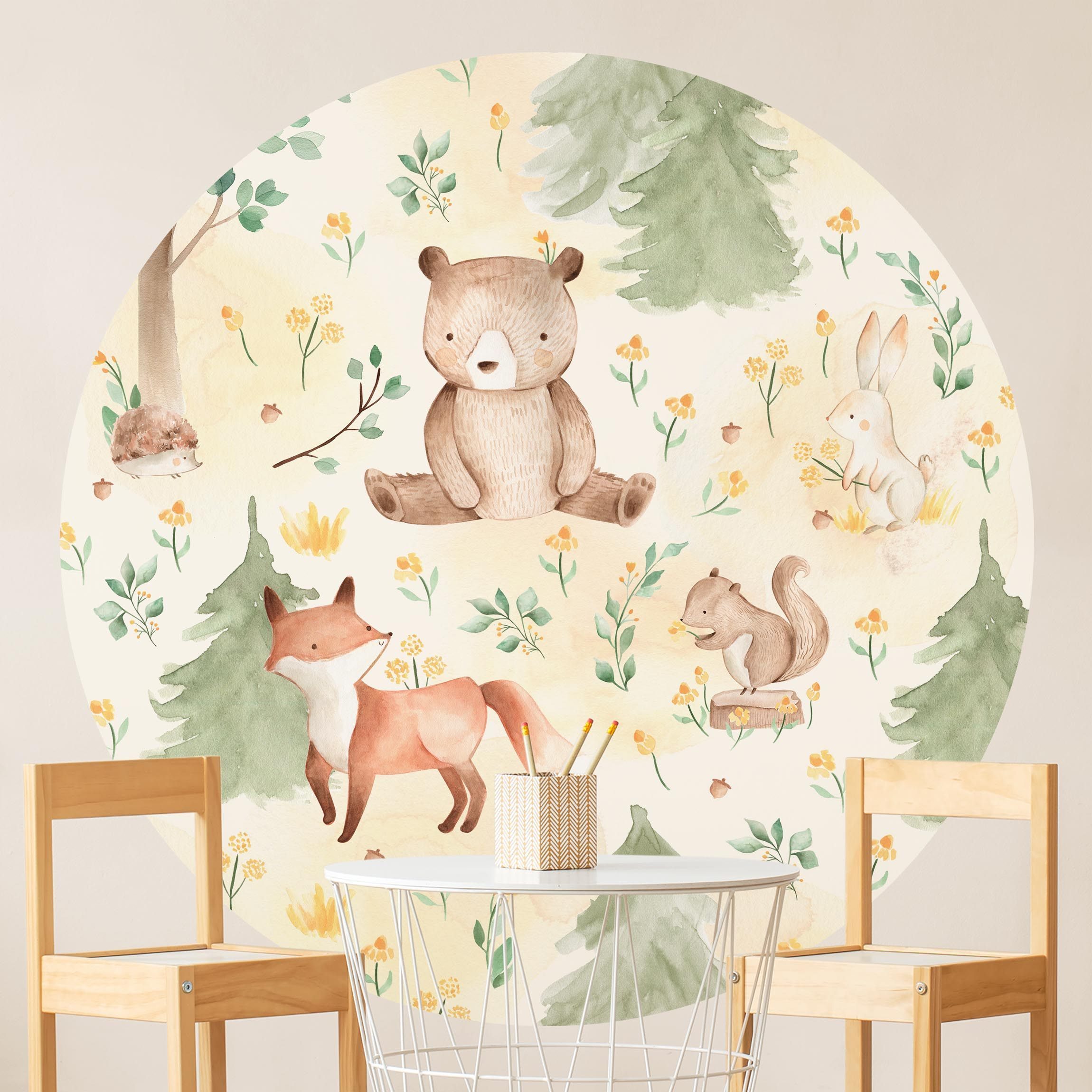 Runde Fototapete Fuchs und Bär mit Blumen und Bäumen