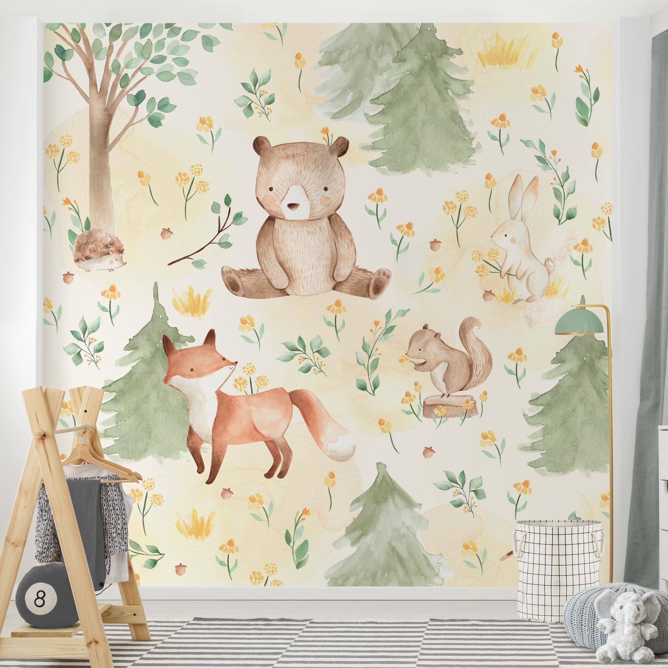 Fototapete Fuchs und Bär mit Blumen und Bäumen