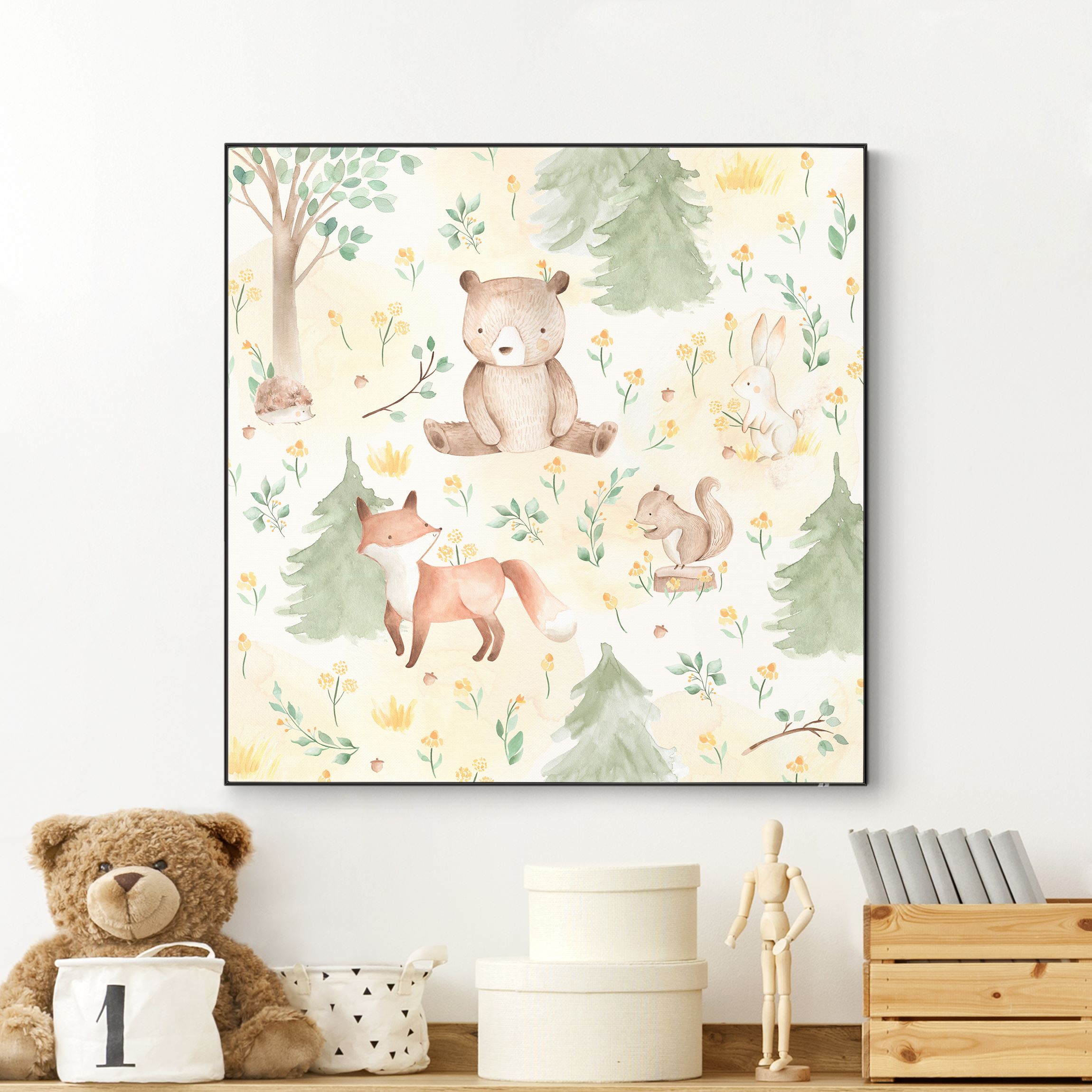 Wechselbild Fuchs und Bär mit Blumen und Bäumen