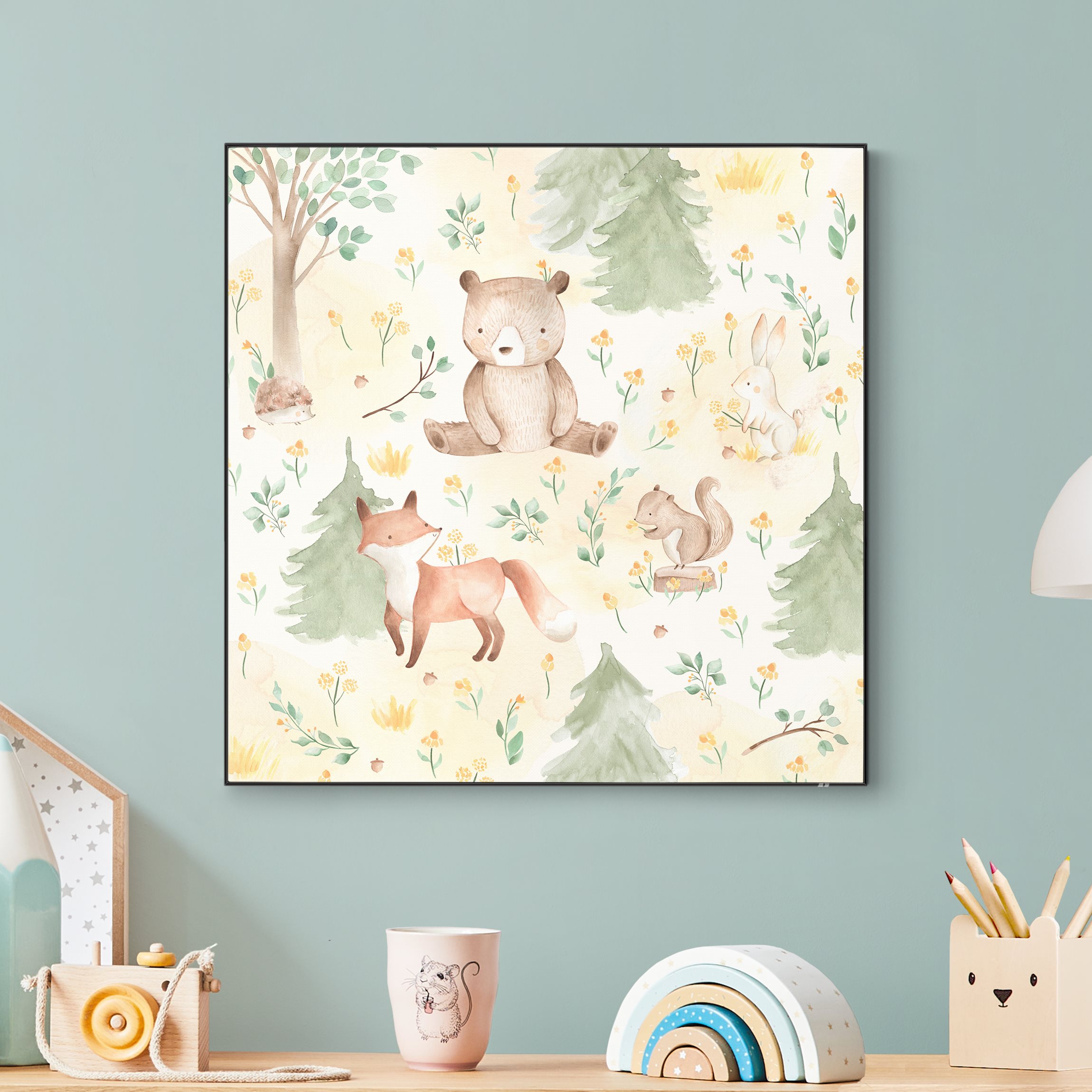 Wechselbild Fuchs und Bär mit Blumen und Bäumen