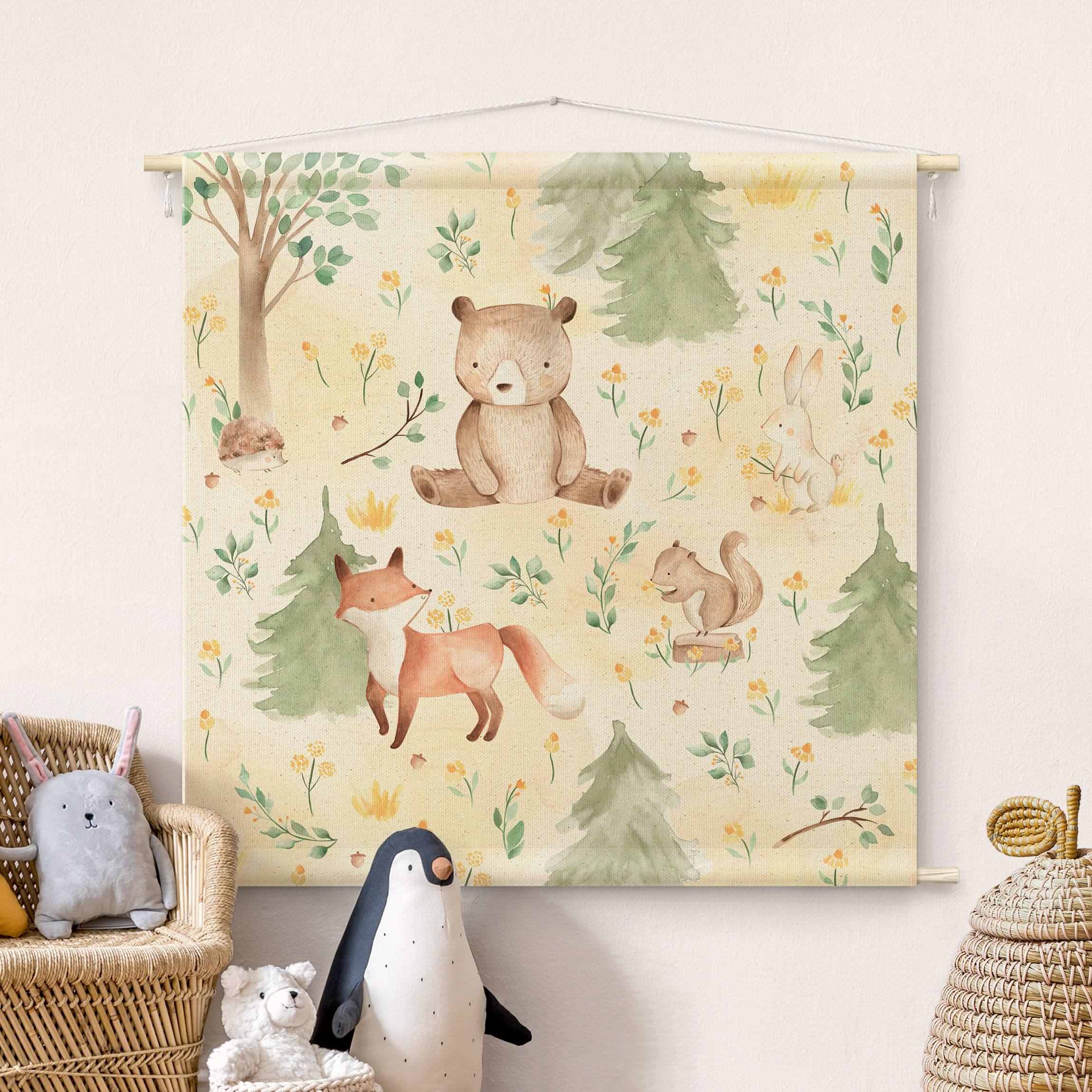 Wandteppich Fuchs und Bär mit Blumen und Bäumen