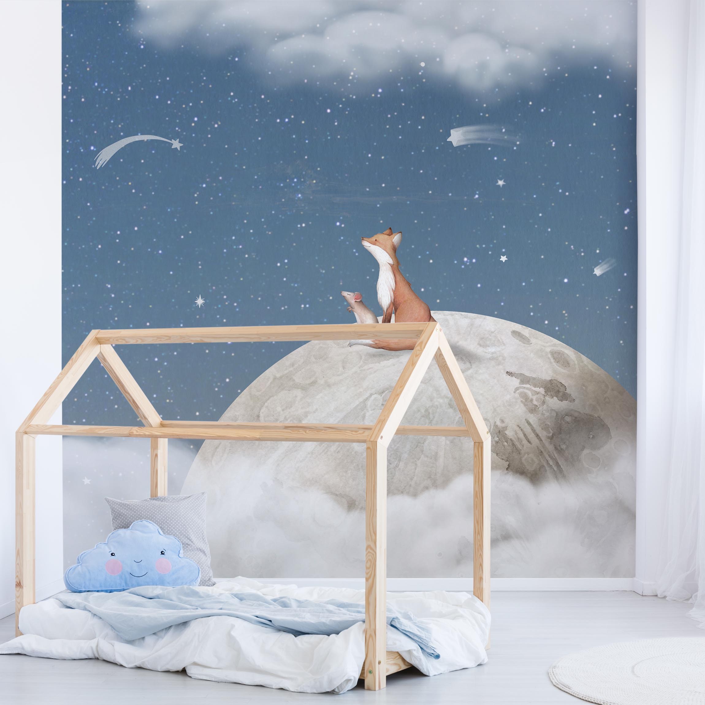 Fototapete Fuchs und Maus auf dem Mond Blau