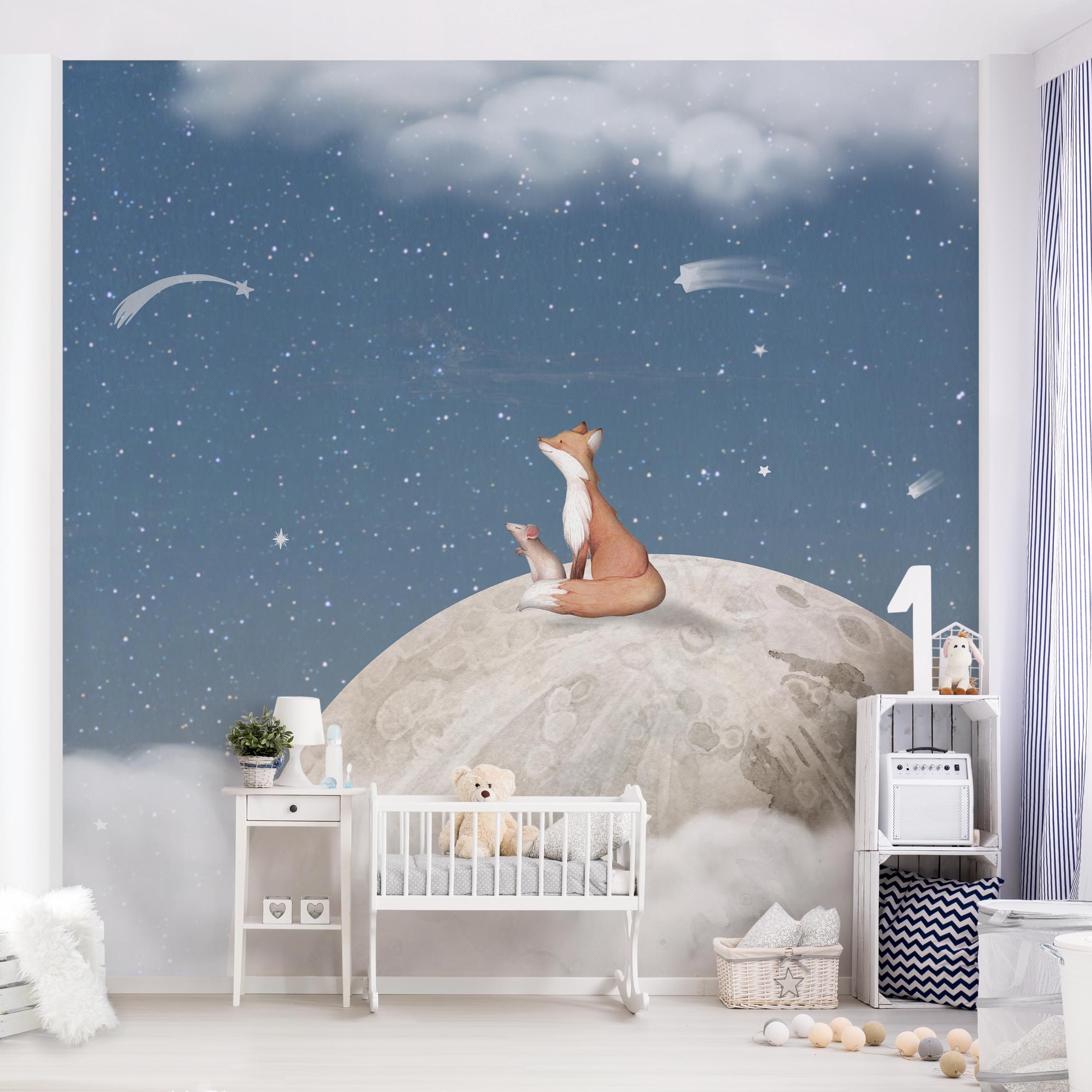 Fototapete Fuchs und Maus auf dem Mond Blau