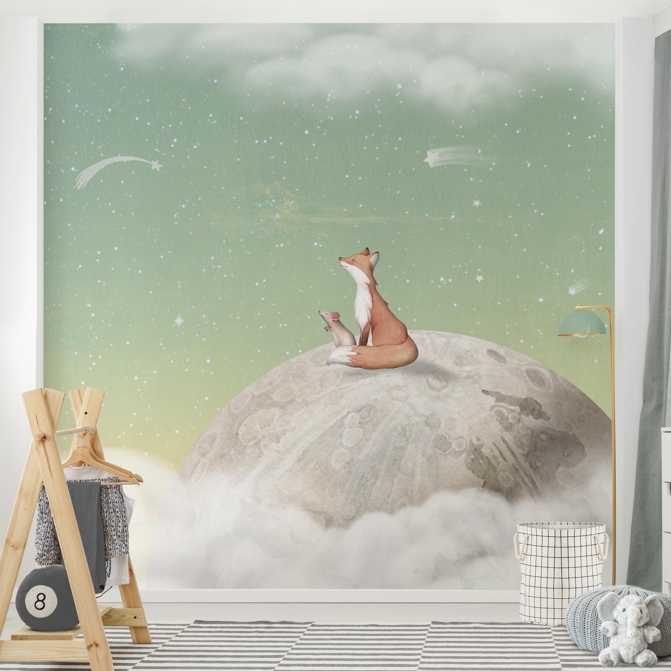Fototapete Fuchs und Maus auf dem Mond Grün