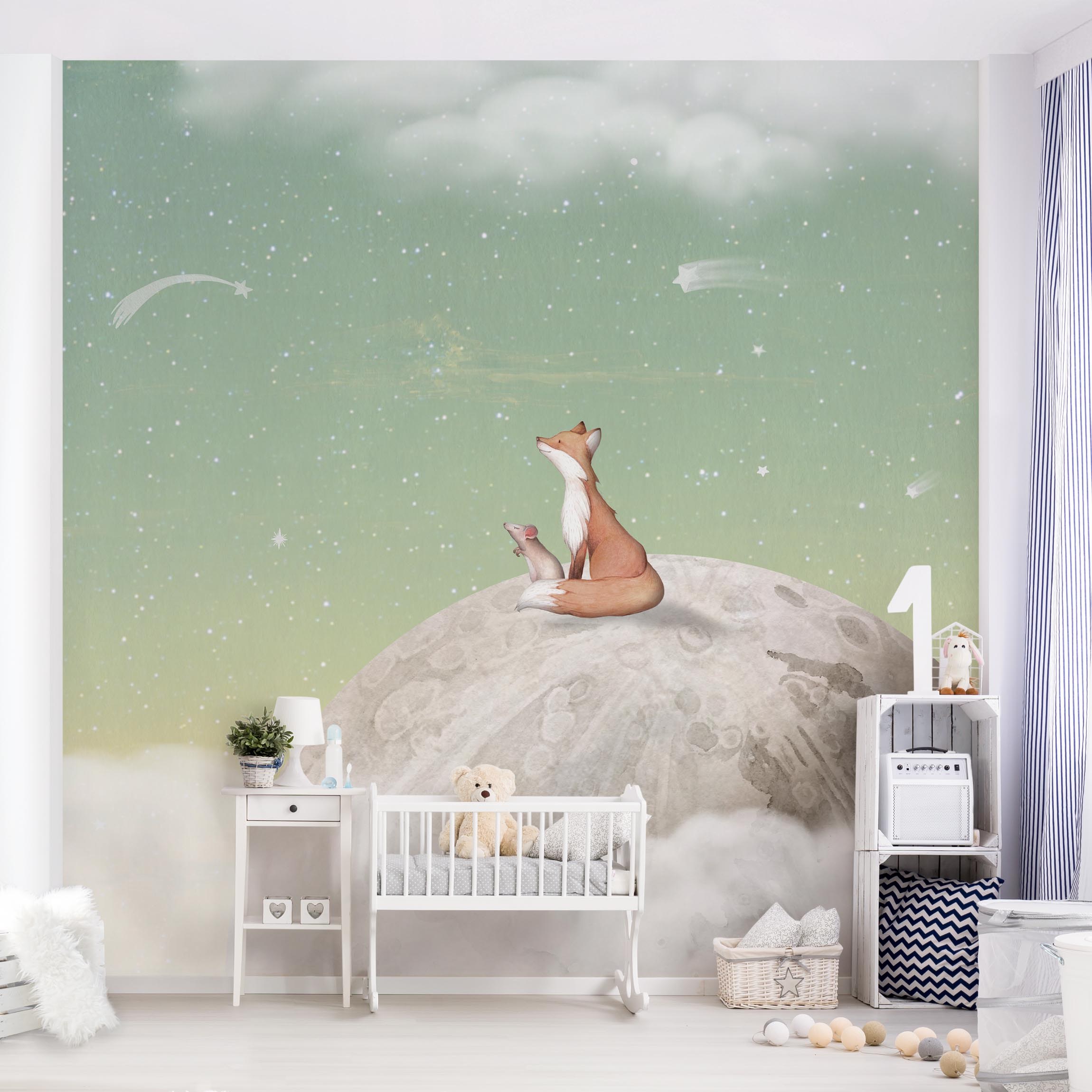 Fototapete Fuchs und Maus auf dem Mond Grün