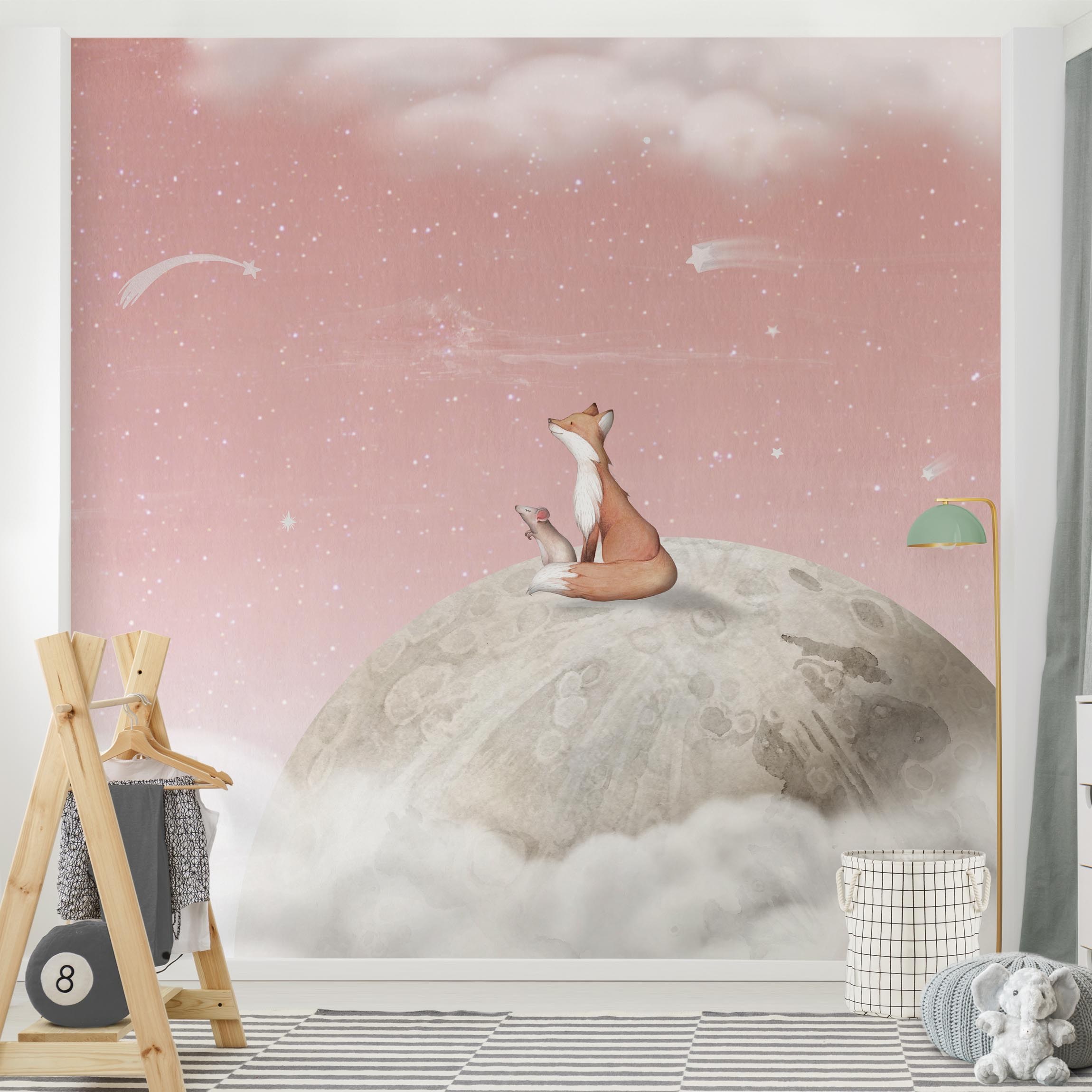 Fototapete Fuchs und Maus auf dem Mond Rosa