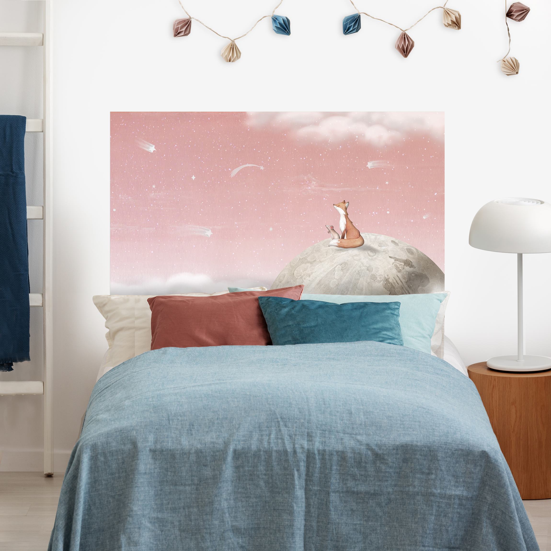 Kopfteil Bett Fuchs und Maus auf dem Mond Rosa