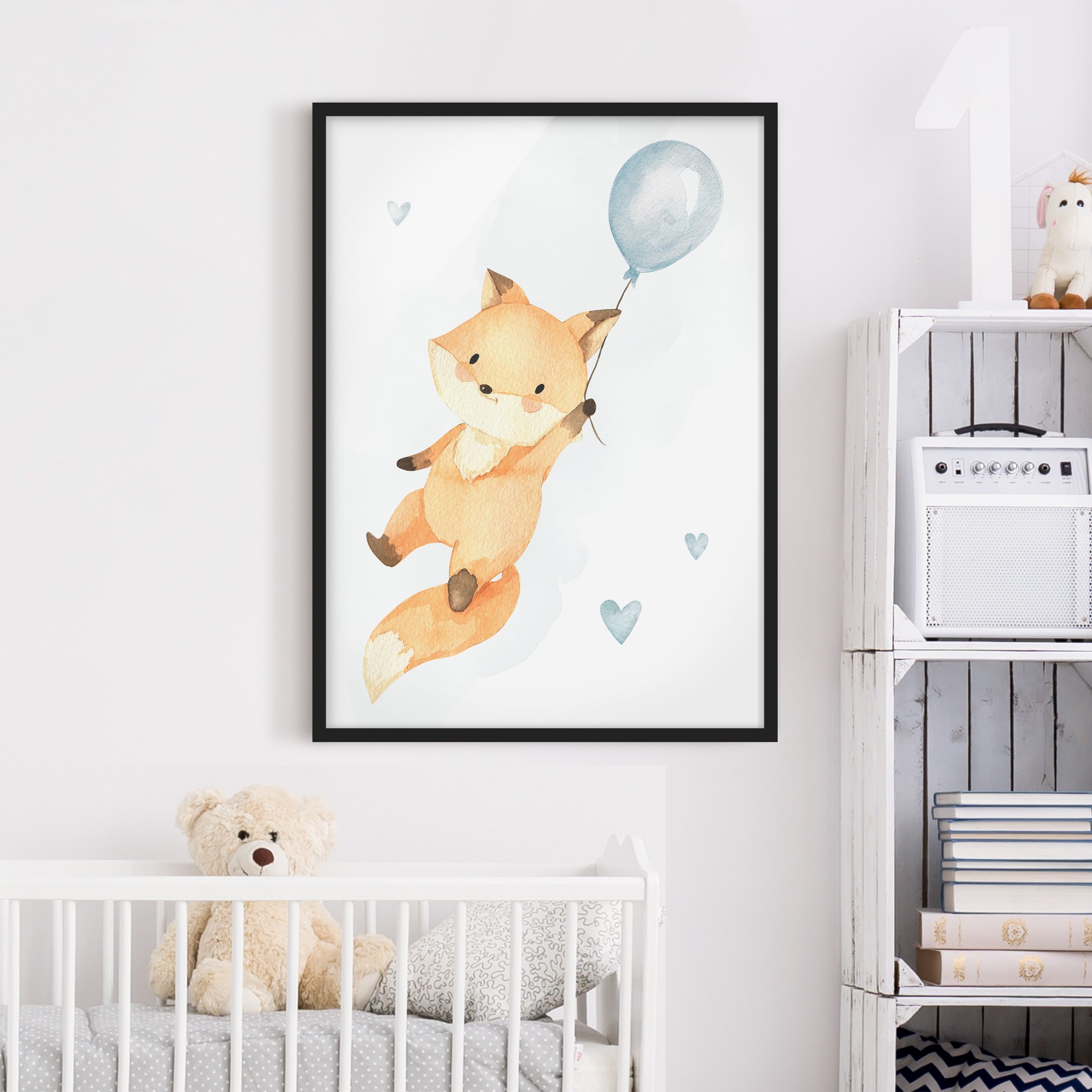 Bild mit Rahmen Fuchsbaby mit Luftballon Blau