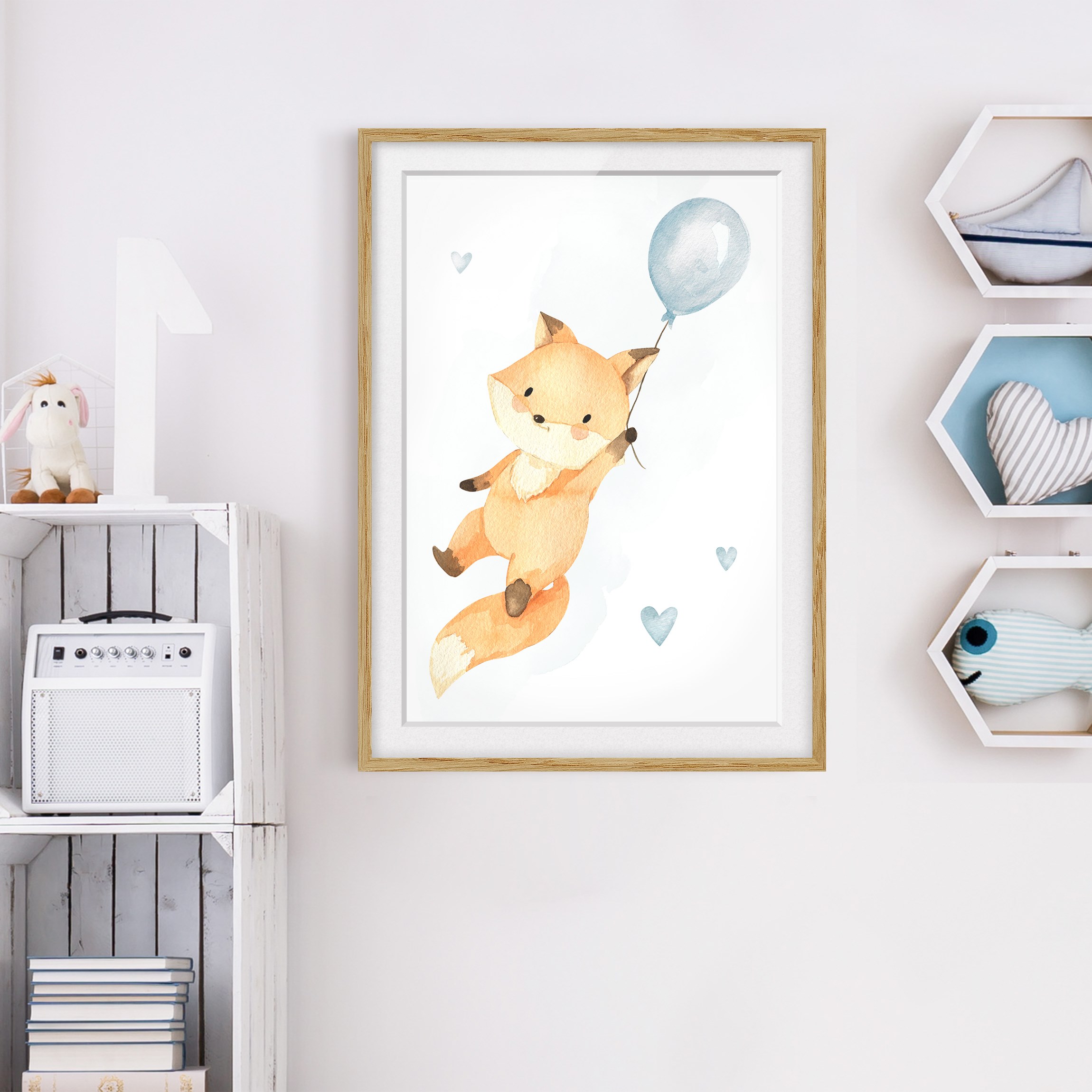 Bild mit Rahmen Fuchsbaby mit Luftballon Blau