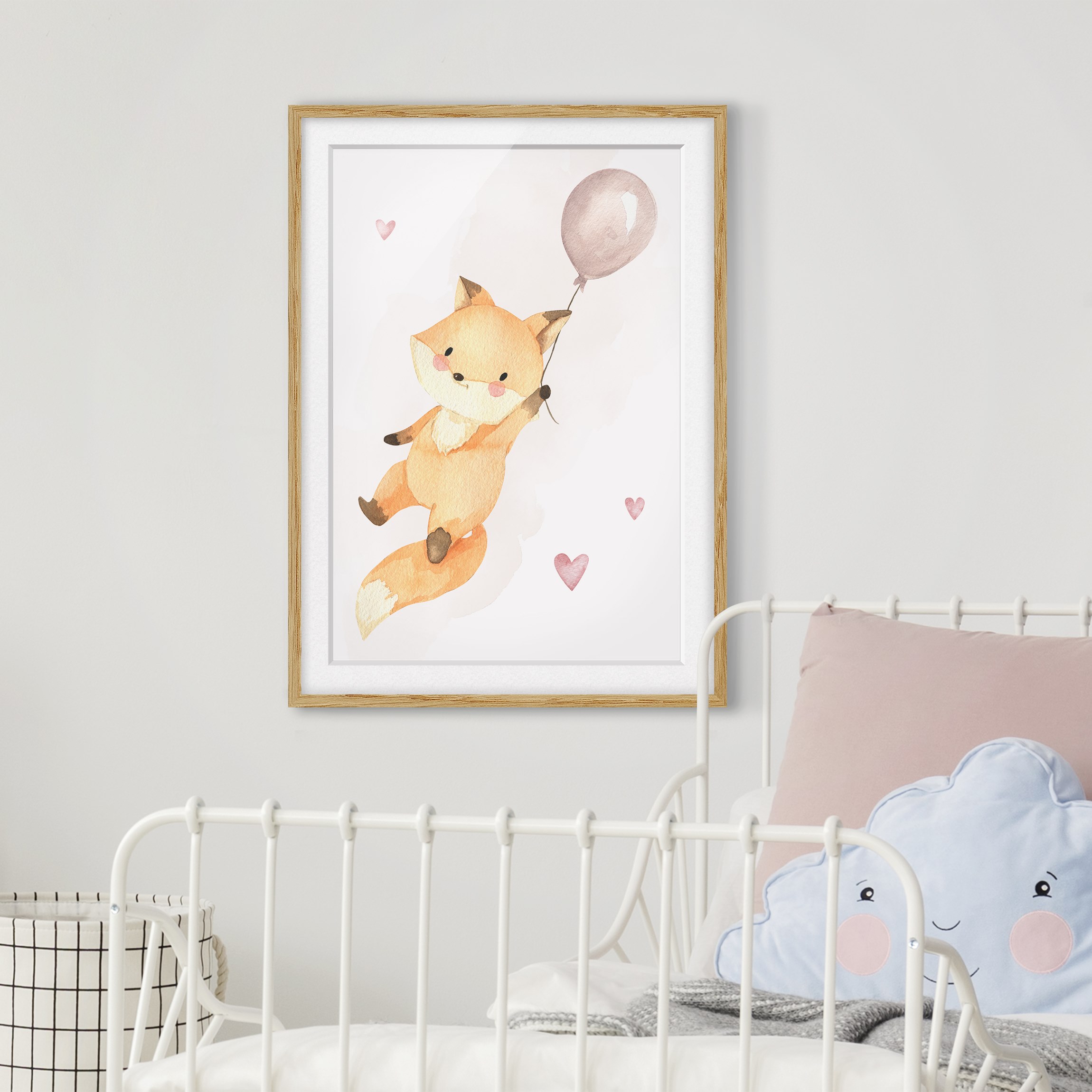 Bild mit Rahmen Fuchsbaby mit Luftballon Rosa
