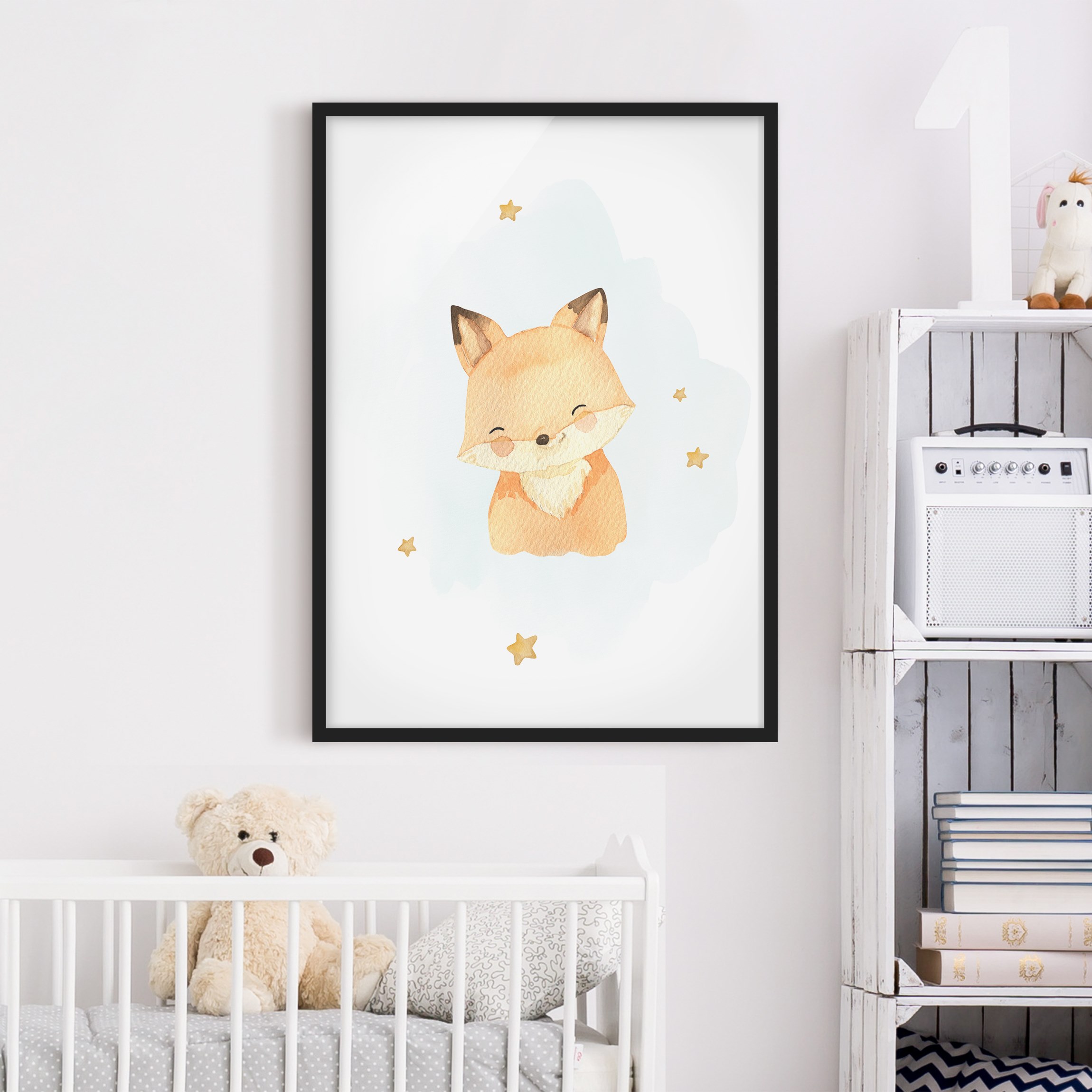 Bild mit Rahmen Fuchsbaby mit Sternen Blau