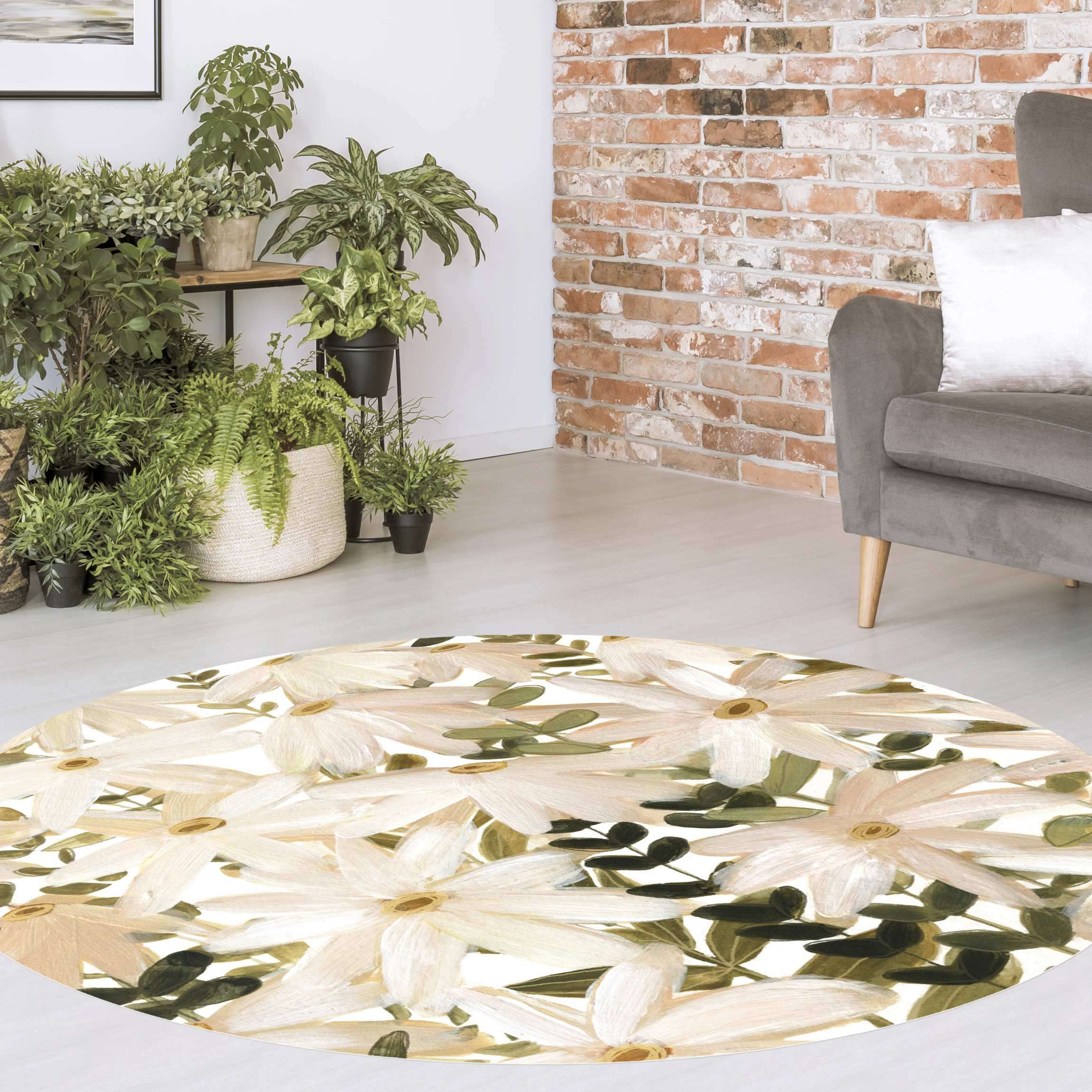 Runder Vinyl-Teppich Gänseblümchenfeld Weiß Gold