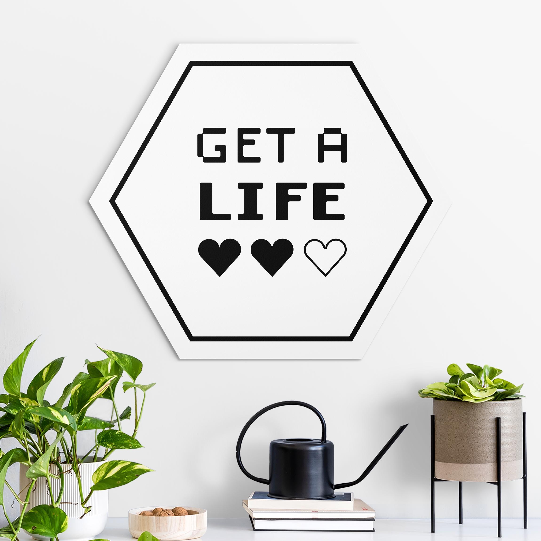 Hexagon-Alu-Dibond Bild Gaming Herzen Get A Life in Schwarz