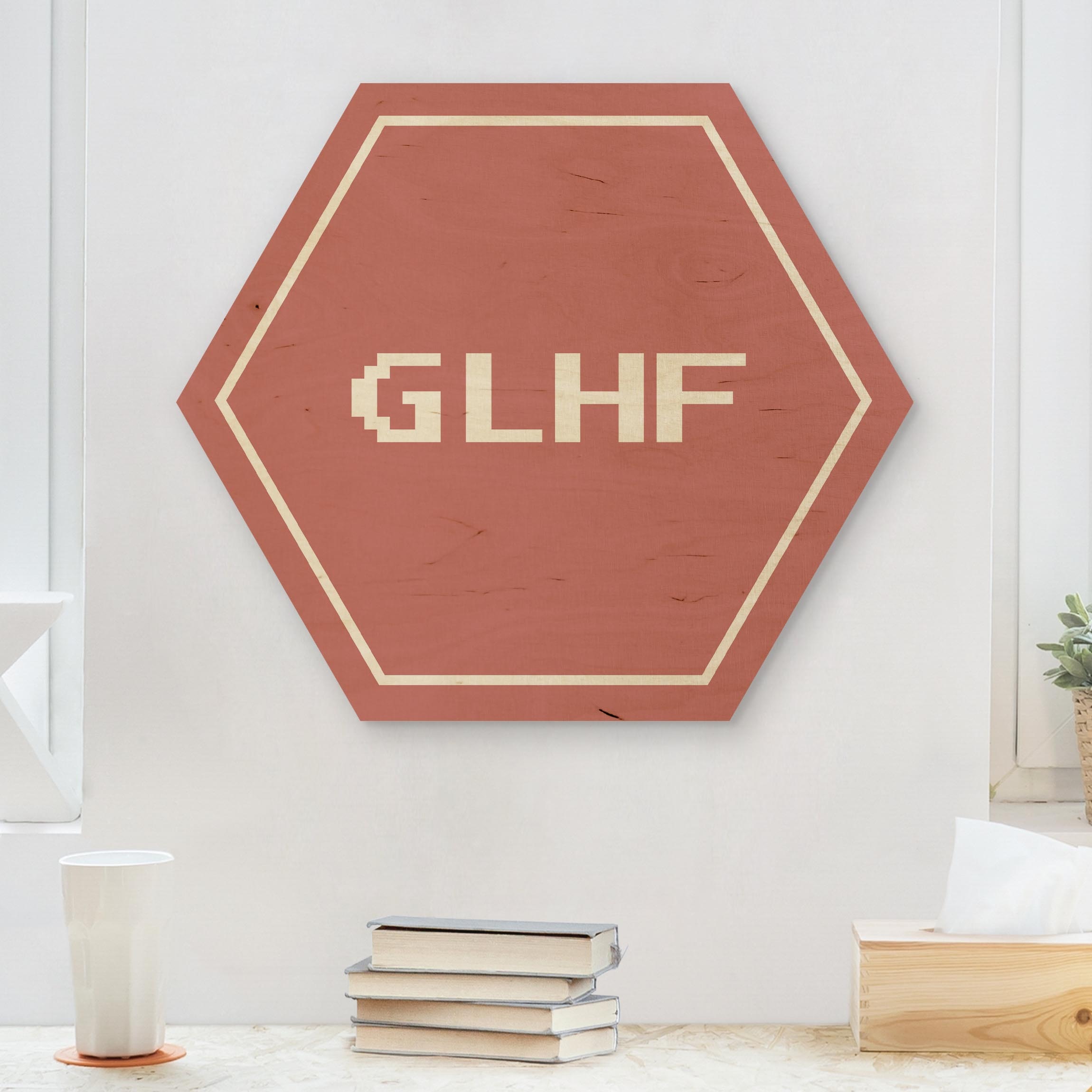 Hexagon-Holzbild Gaming Kürzel GLHF