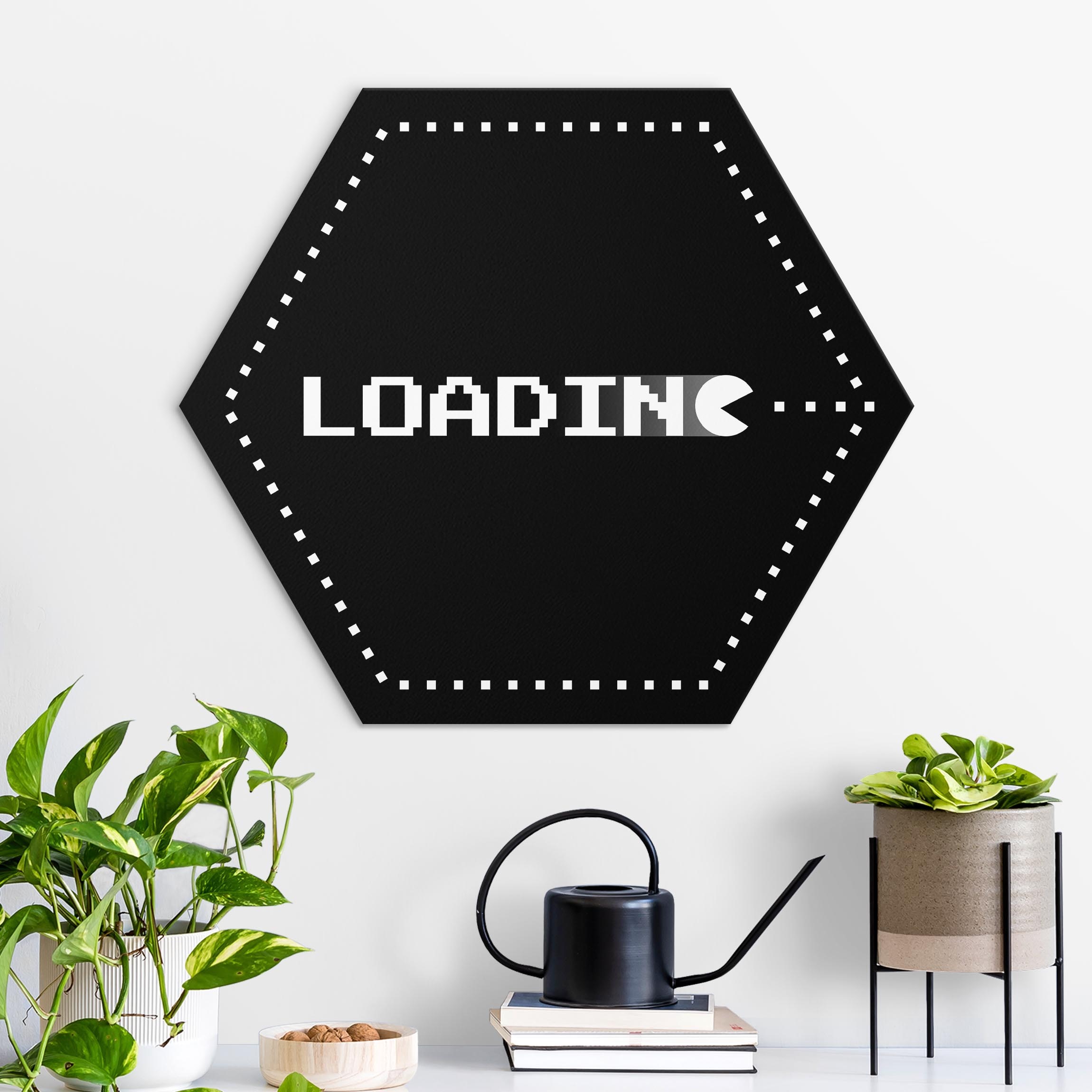 Hexagon-Alu-Dibond Bild Gaming Schrift Loading in Schwarz