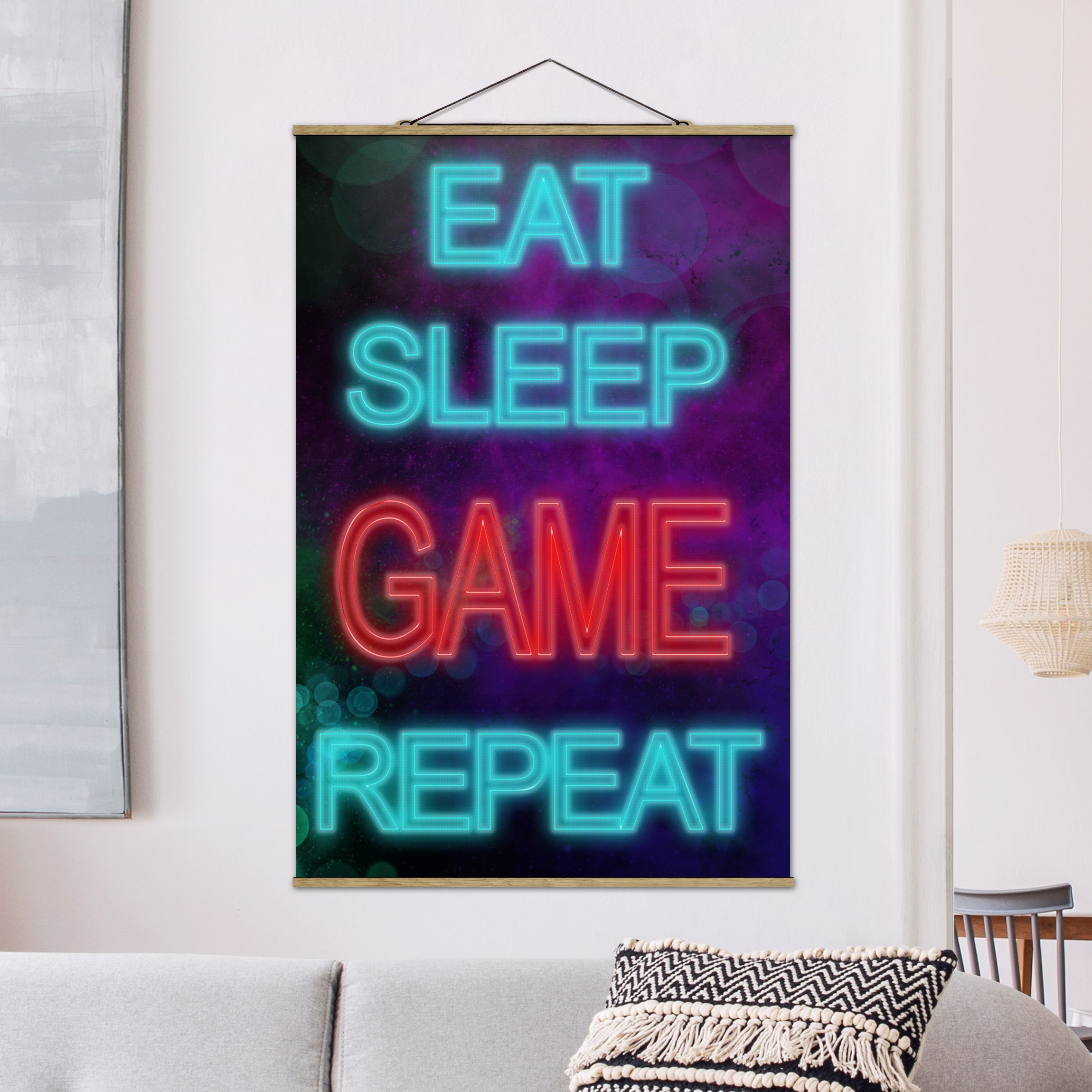 Stoffbild mit Posterleisten Gaming Spruch Neon