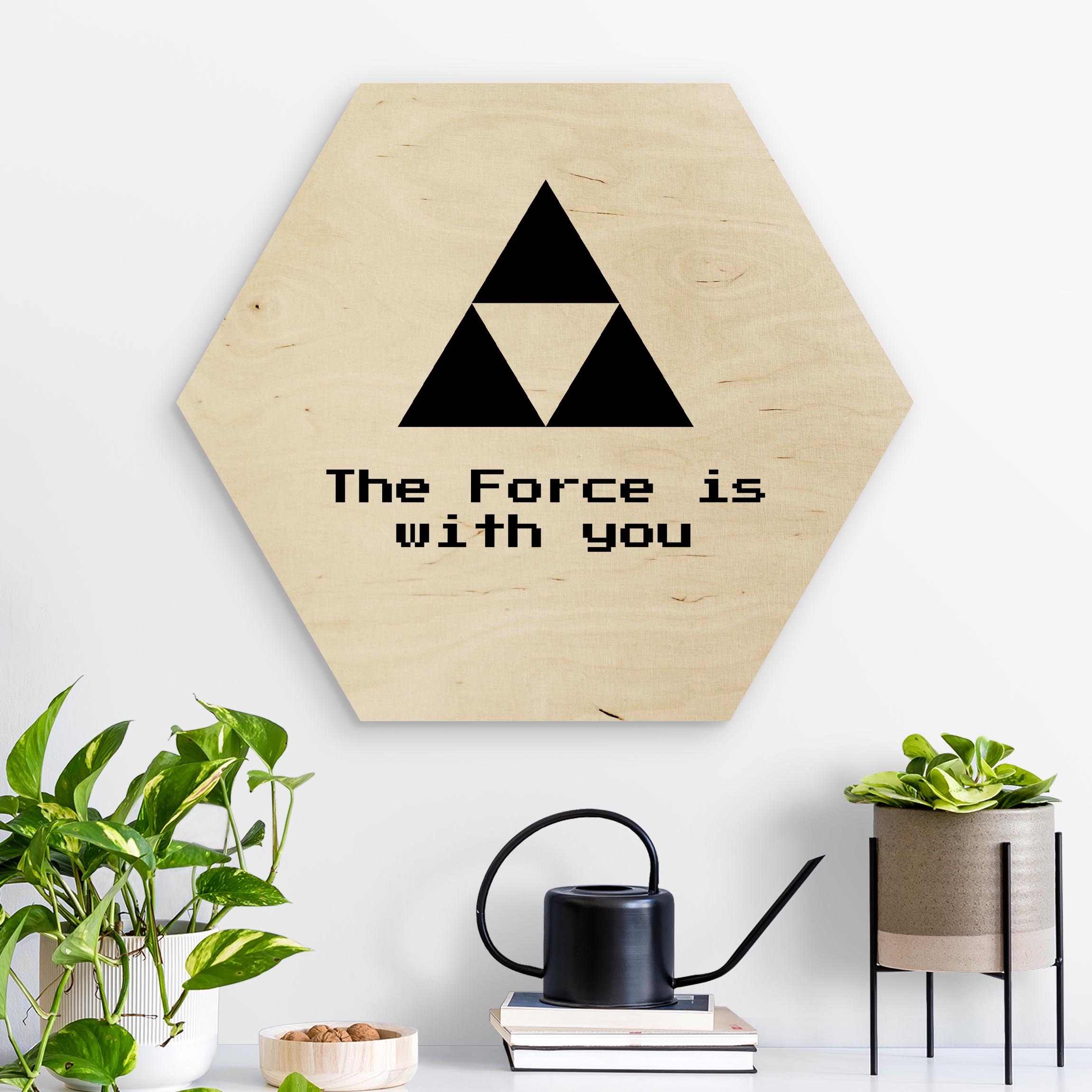 Hexagon-Holzbild Gaming Symbol The Force is with You in Schwarz