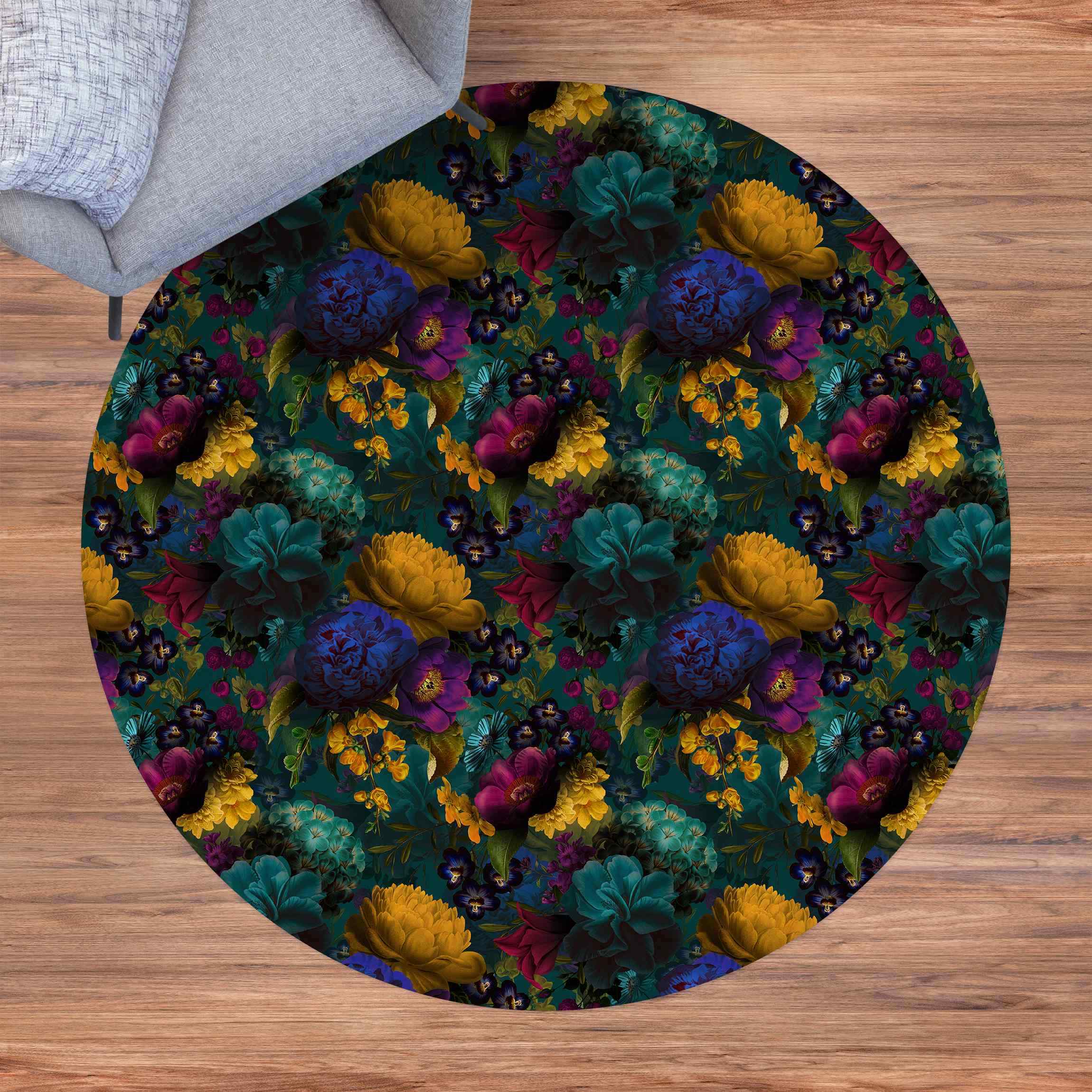 Runder Vinyl-Teppich Gelbe Blüten mit Blauen Blumen vor Türkis
