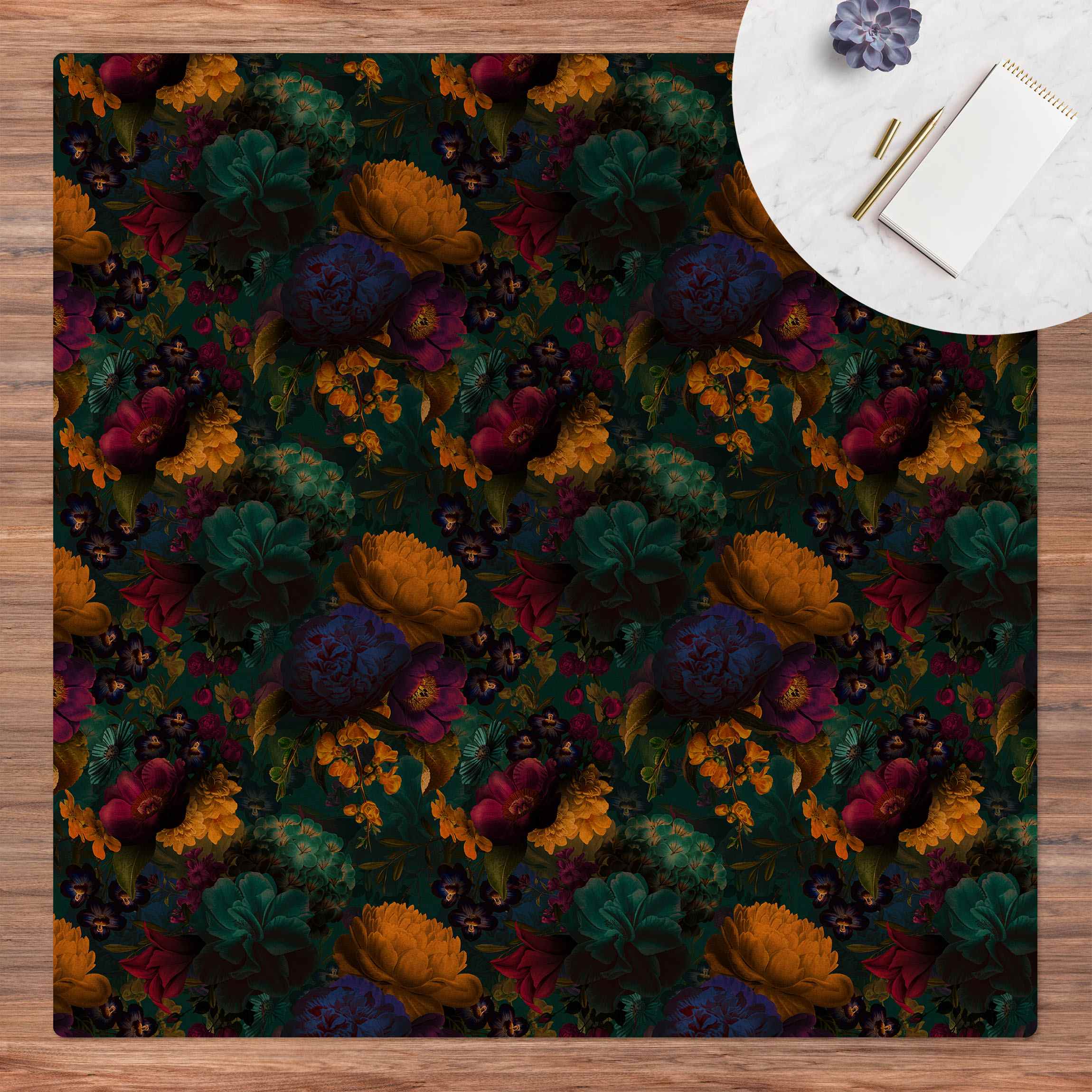 Kork-Teppich Gelbe Blüten mit Blauen Blumen vor Türkis