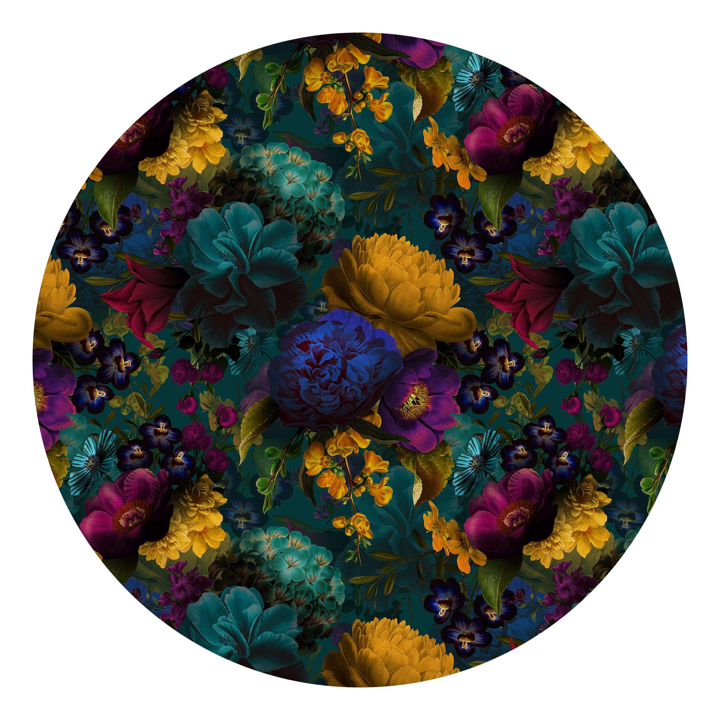 Runde Mustertapete Gelbe Blüten mit Blauen Blumen vor Türkis